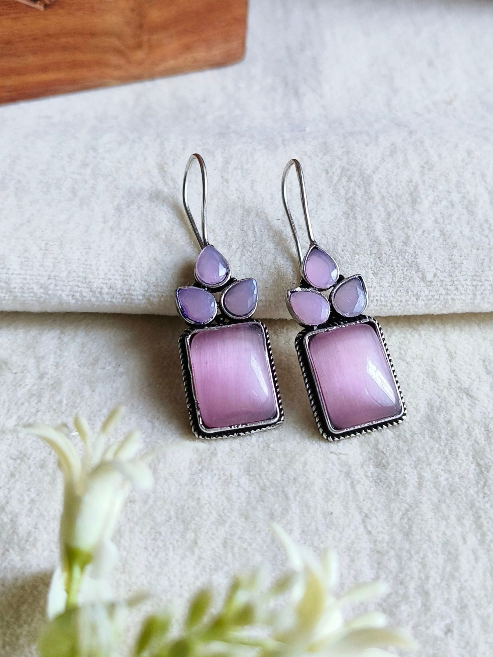 Oxidised Monalisa Stone Hook Earrings | Sarichka Fashion