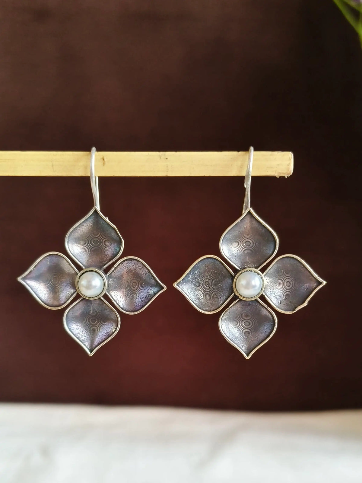 Oxidized Floral Pearl Drop Earrings