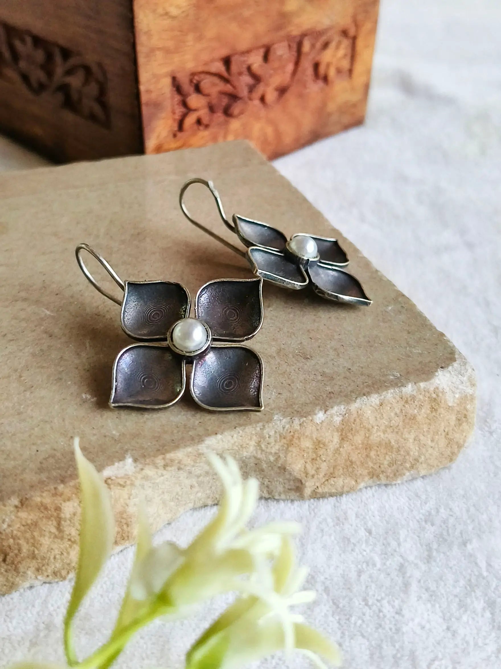 Oxidized Floral Pearl Drop Earrings
