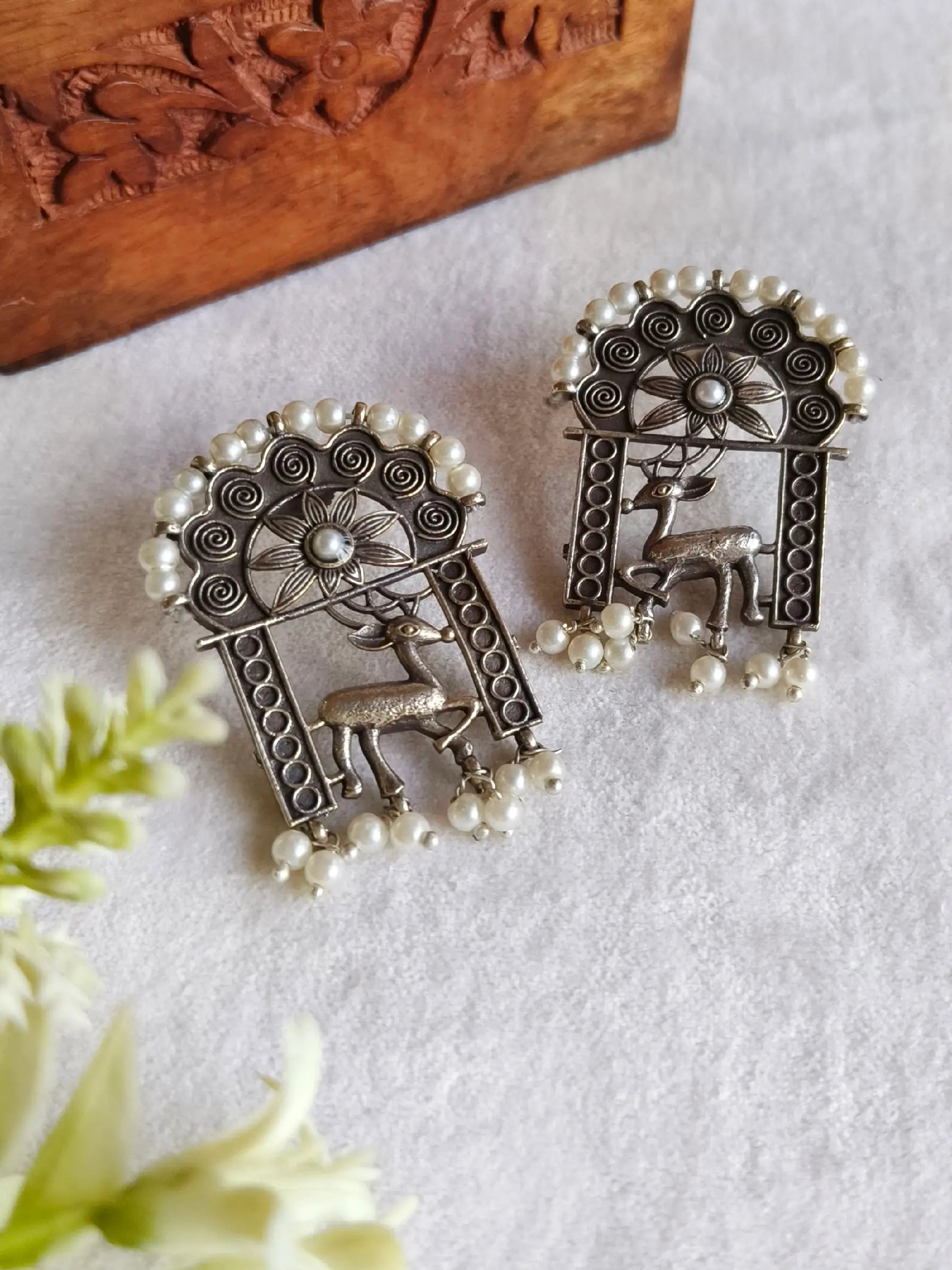 Oxidized Deer Antique Pearl Earrings