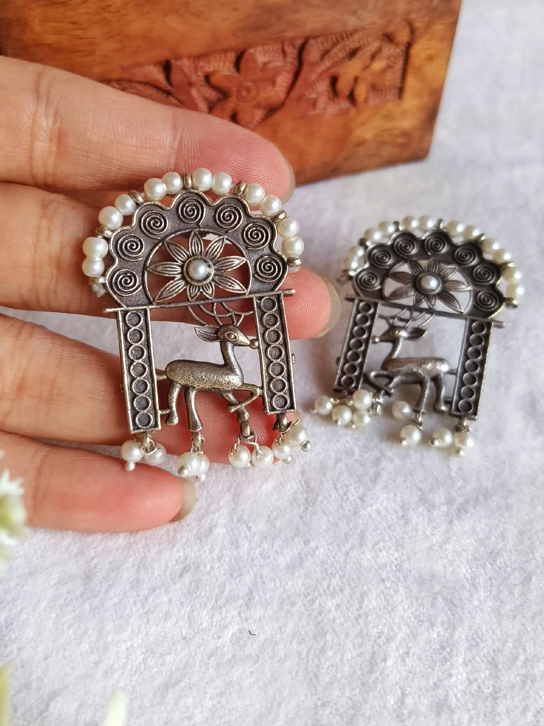 Oxidized Deer Antique Pearl Earrings