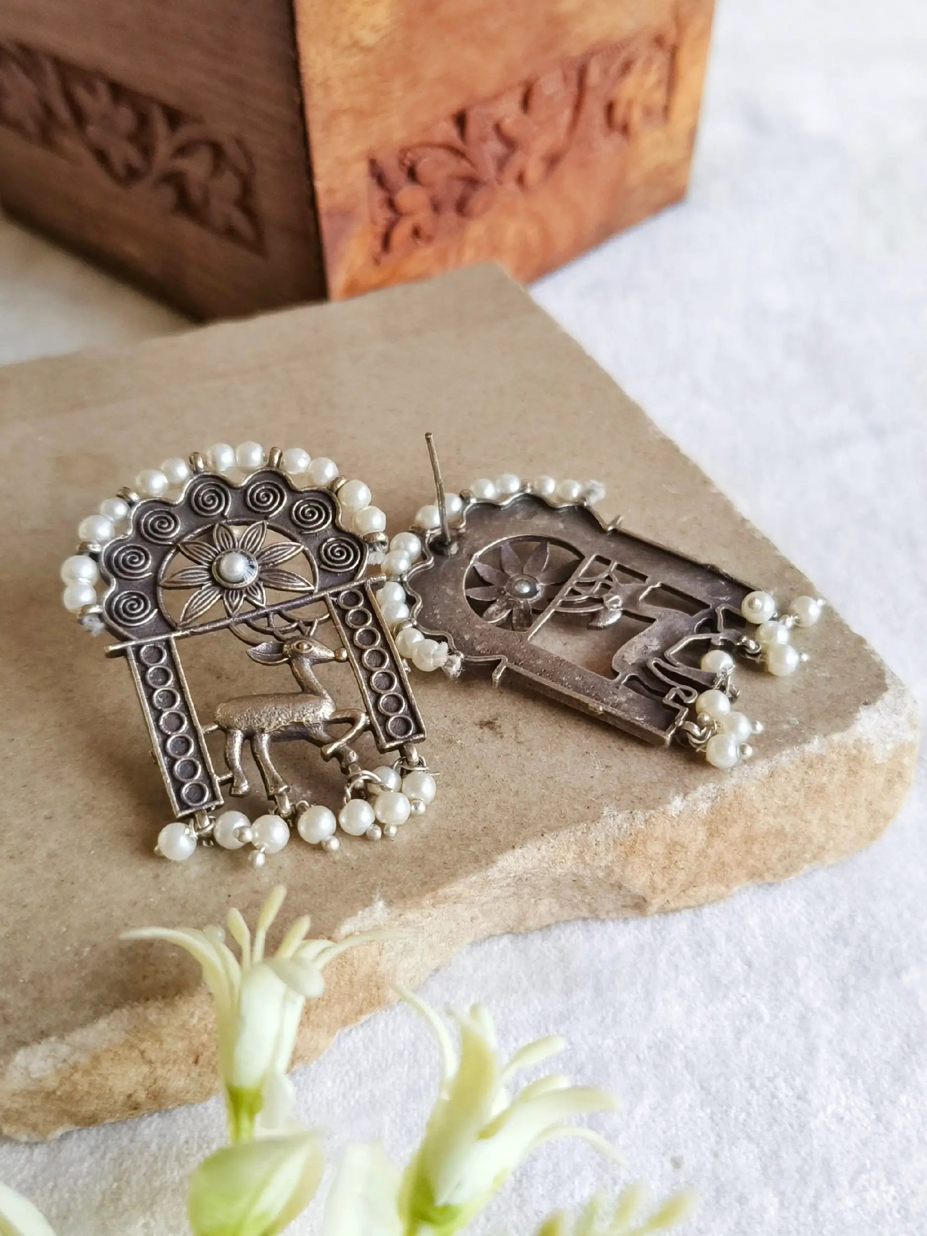 Oxidized Deer Antique Pearl Earrings