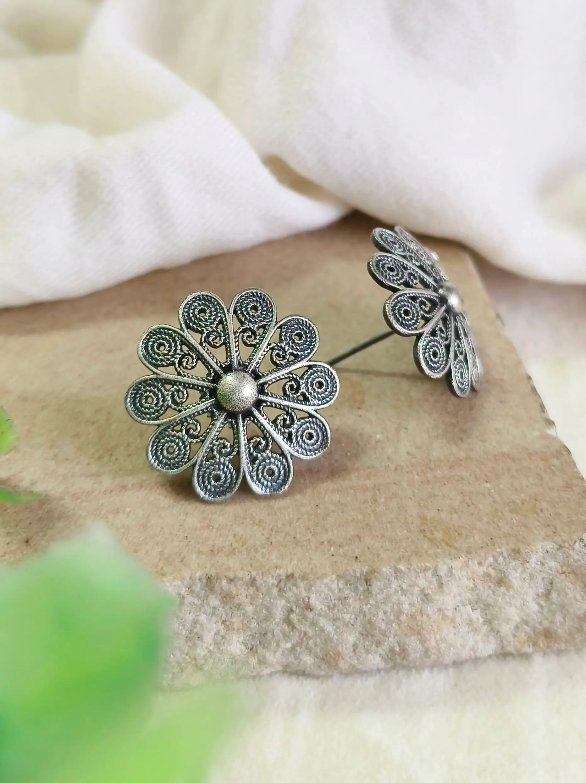 Elegant Silver Oxidised Floral Stud Earrings | Sarichka