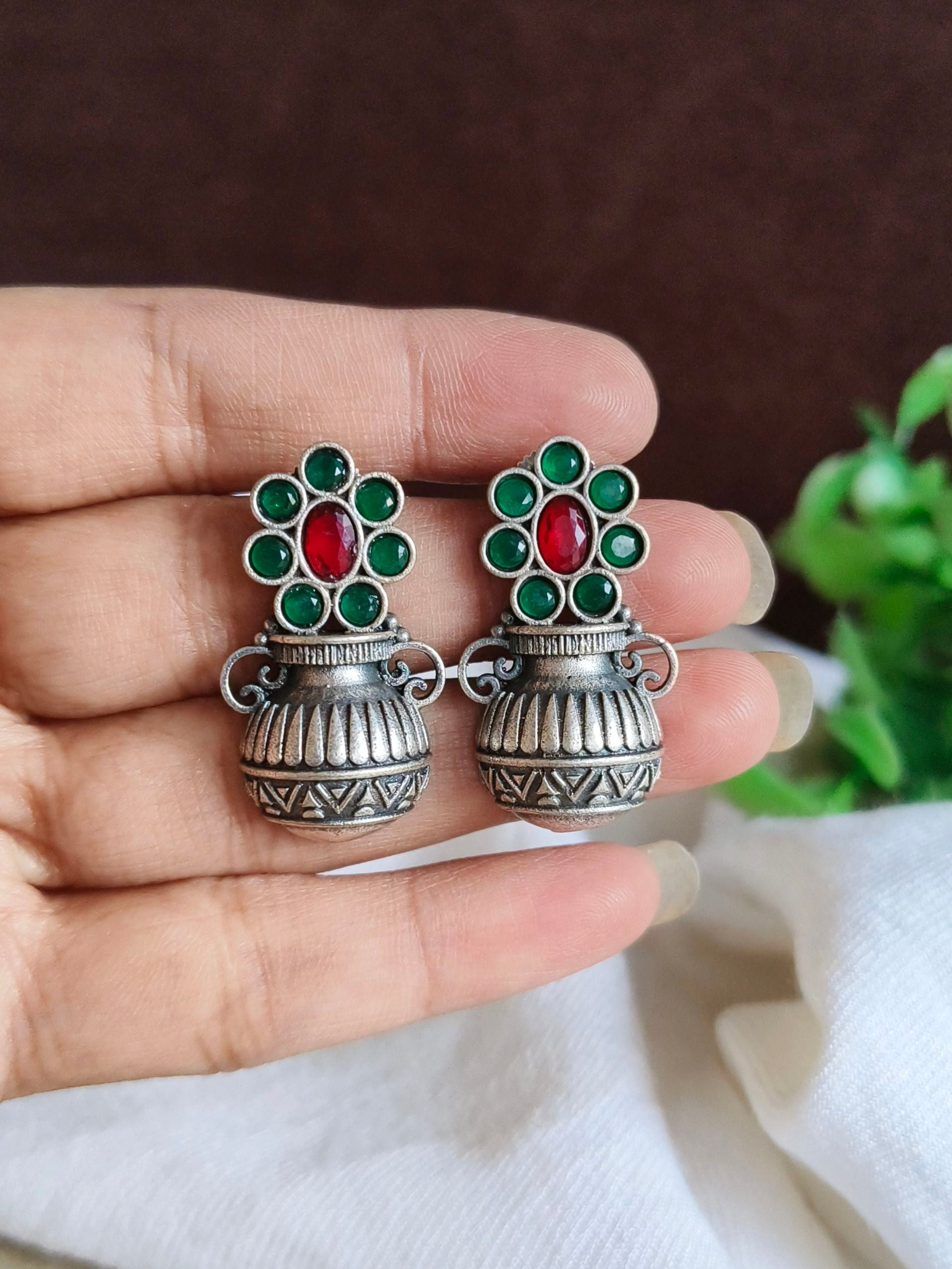 Oxidized Silver Pot Stud Earrings with Stones | Sarichka