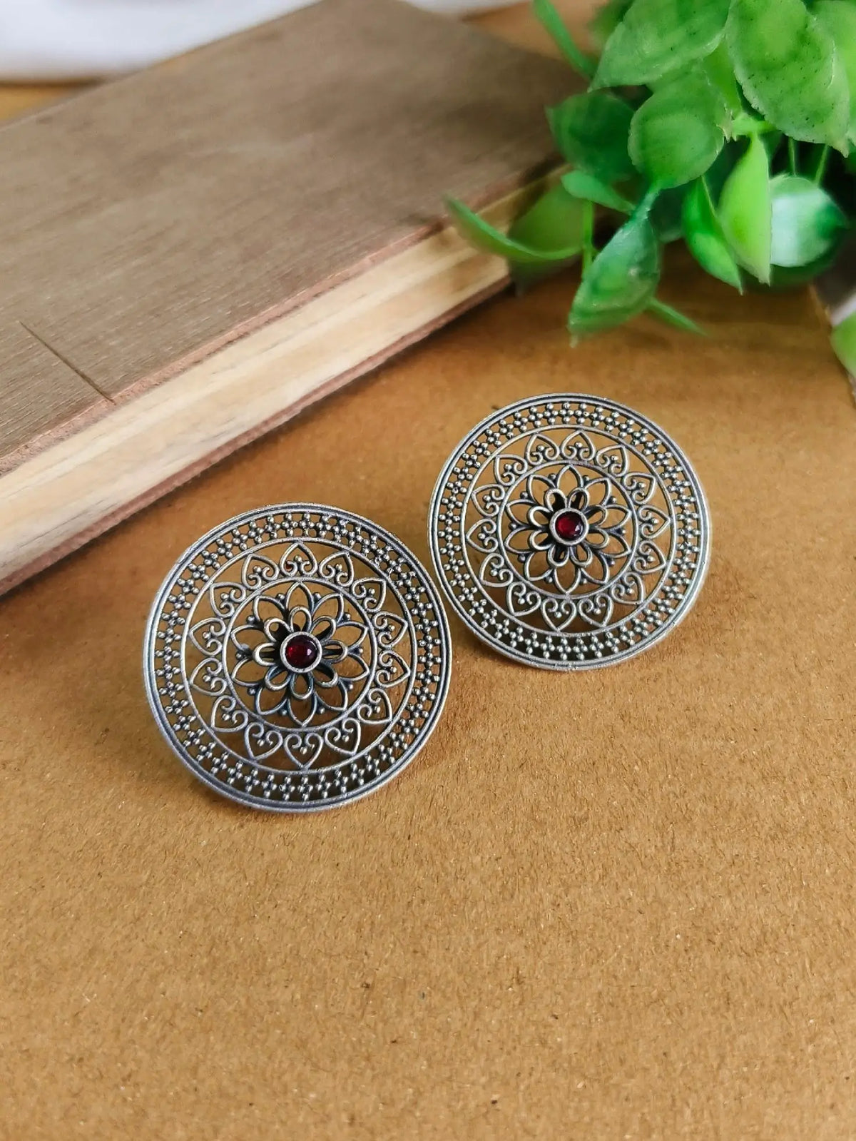 Antique Silver Oxidised Round Stud Earrings | Sarichka