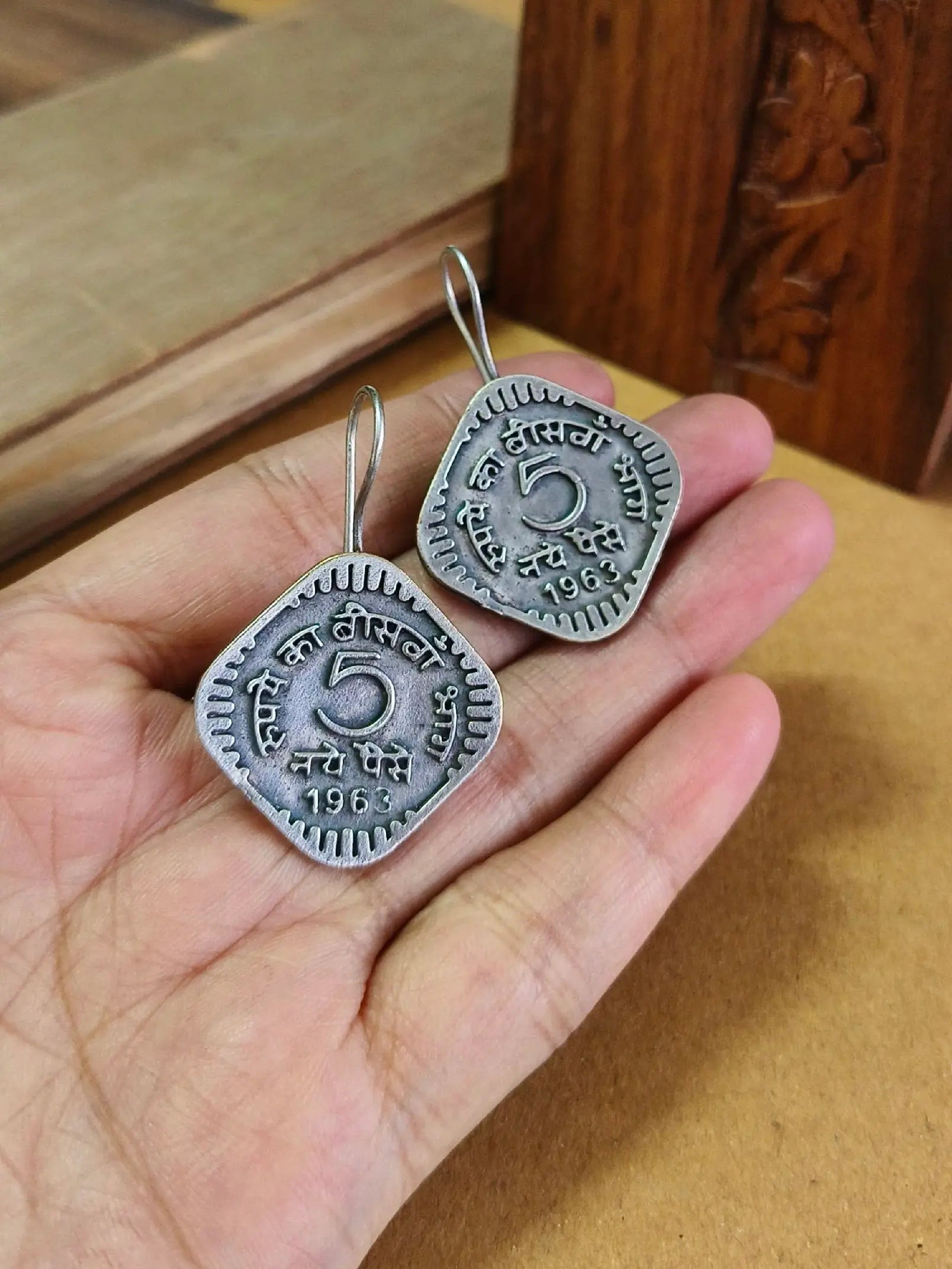 Silver Oxidised 5 Pesa Old Coin Hook Earrings | Sarichka