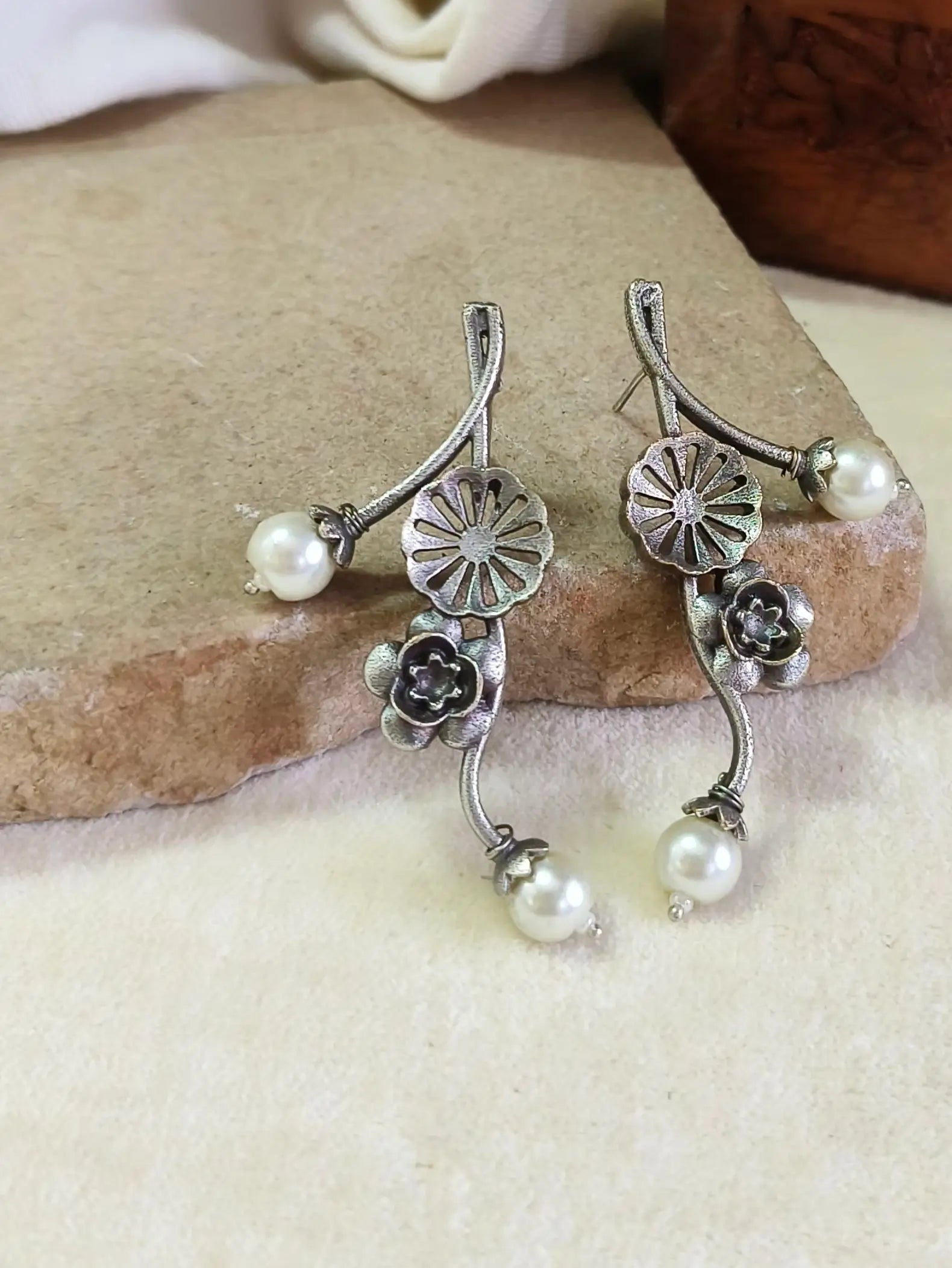 Elegant Pearl Silver Replica Stud Earrings | Sarichka