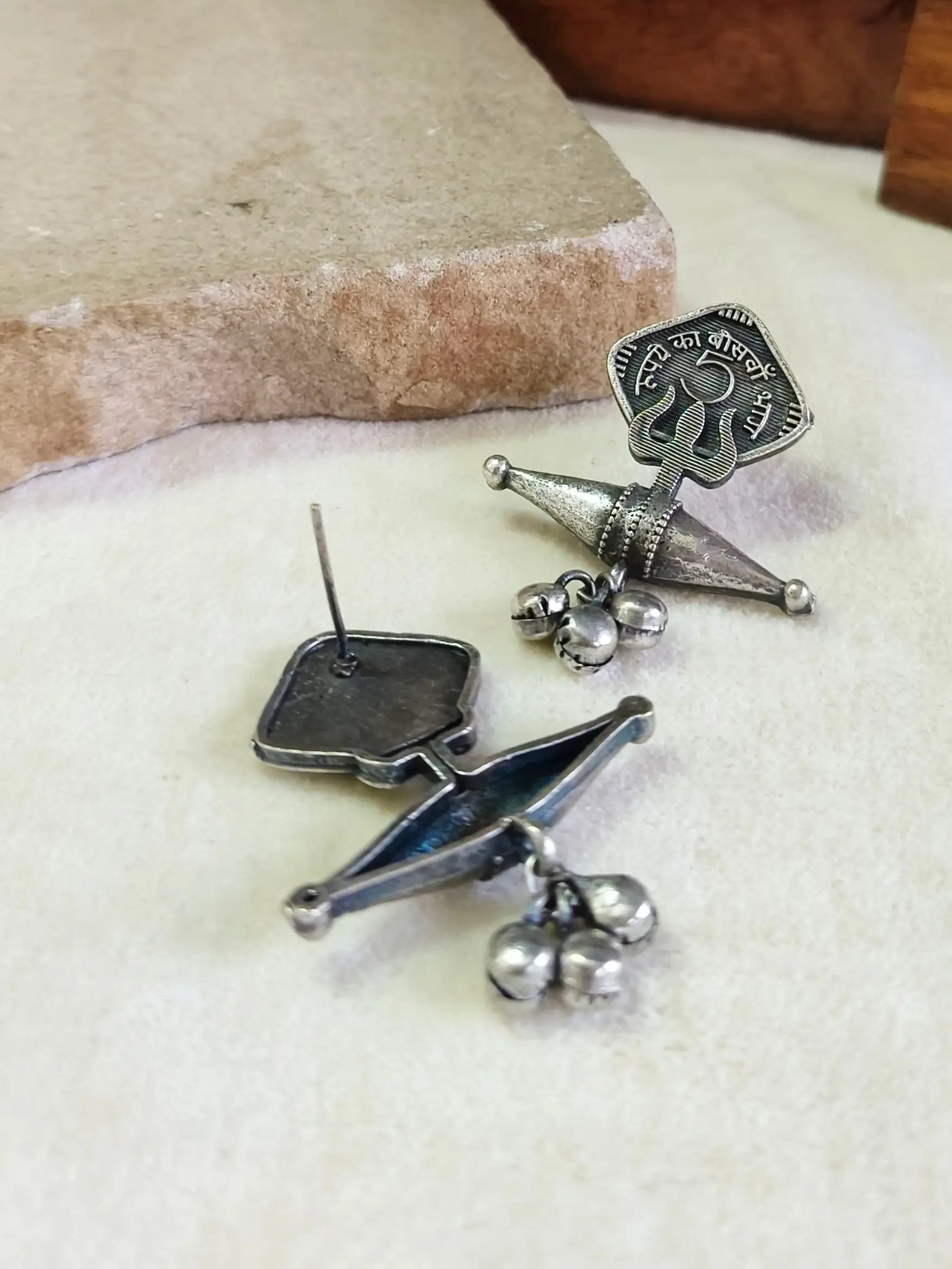 Silver Oxidised Trishul Stud Earrings | Sarichka