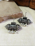 Antique Oxidised Silver Hook Earrings with Pearl Motifs | Sarichka
