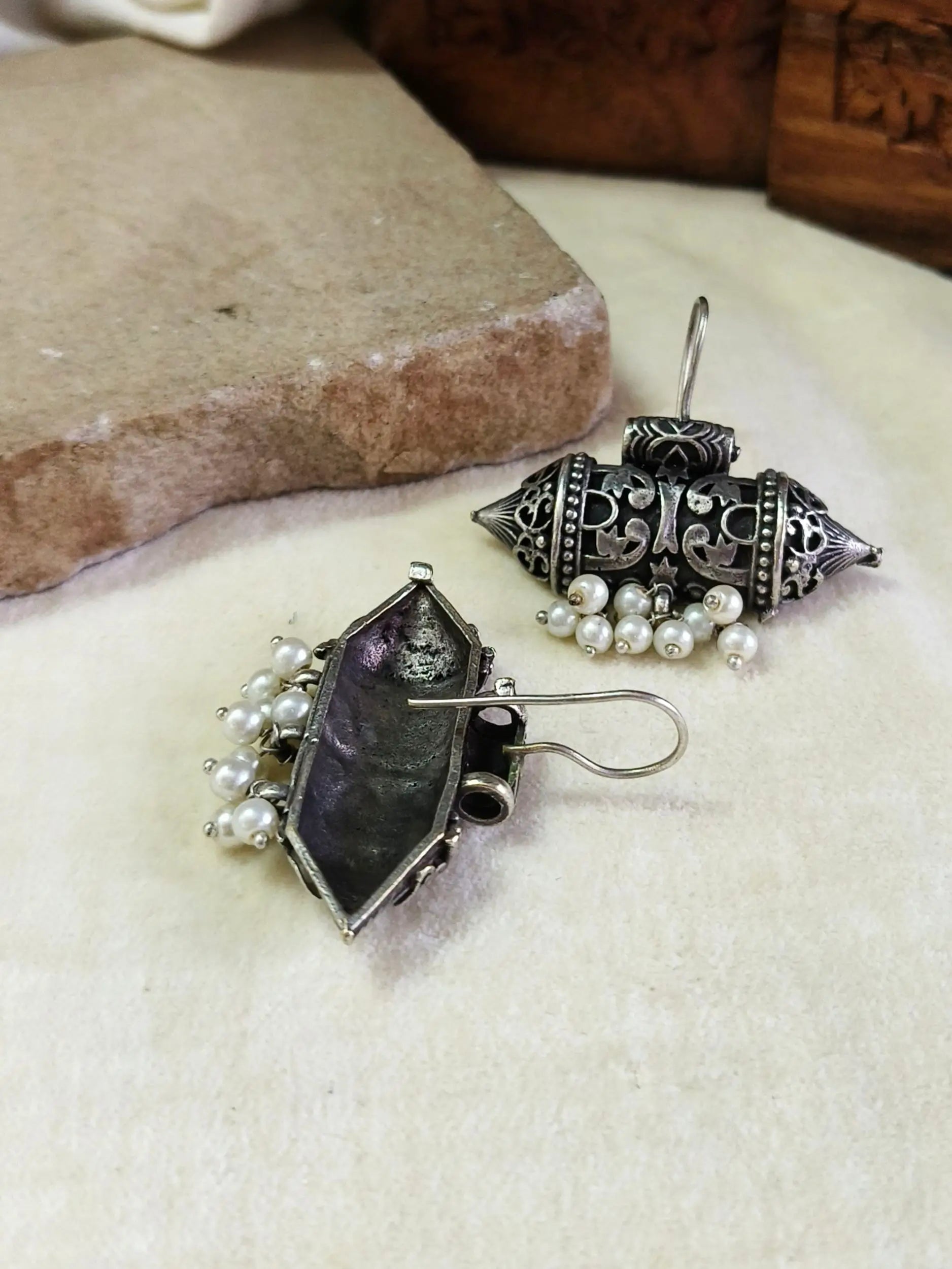Antique Oxidised Silver Hook Earrings with Pearl Motifs | Sarichka