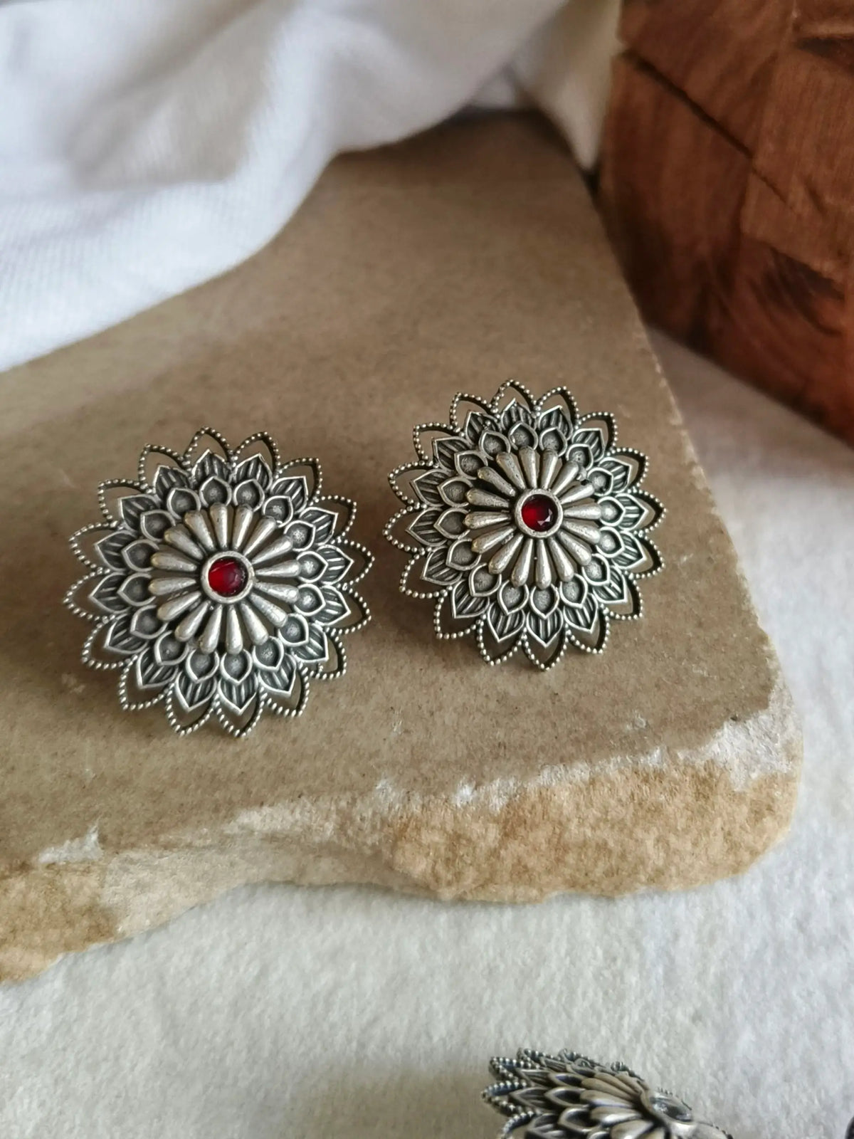 Silver Replica Oxidised Floral Stud Earrings | Sarichka
