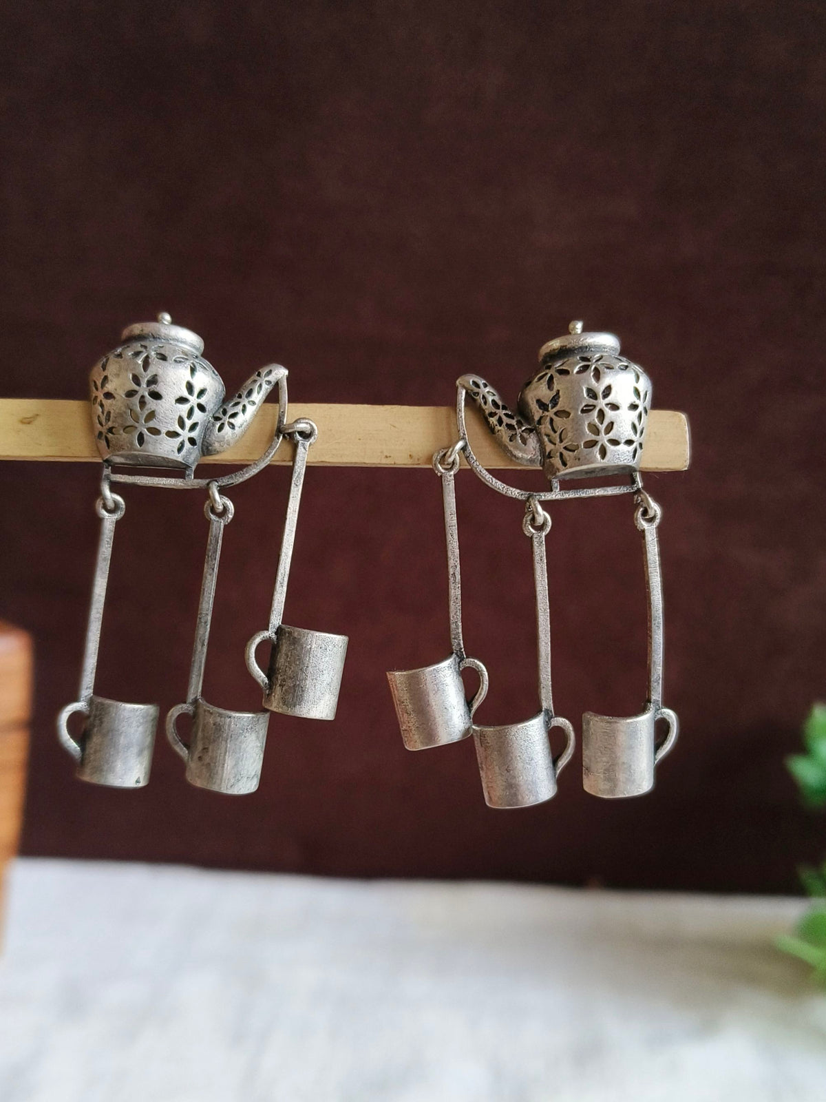 Oxidized Silver Tea Kettle Dangler Earrings | Sarichka