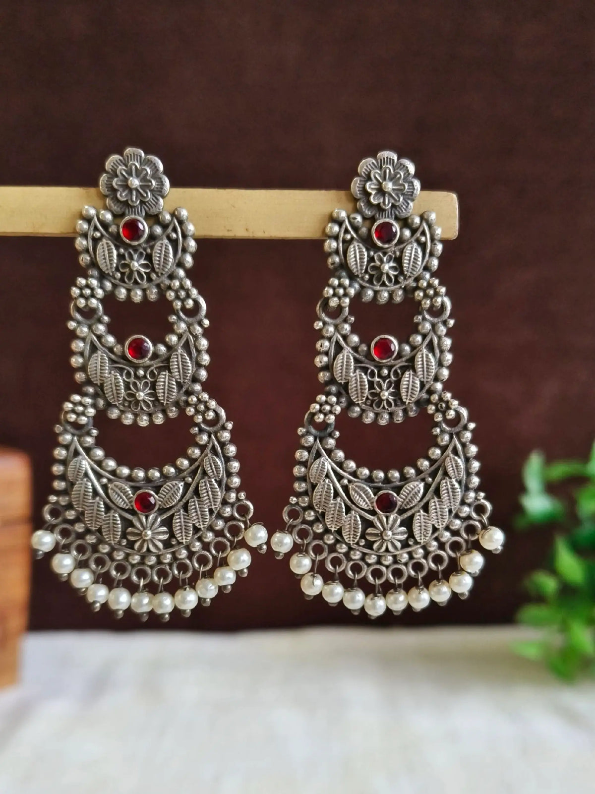 Silver Oxidised Chand Bali Pearl Dangler Earrings | Sarichka