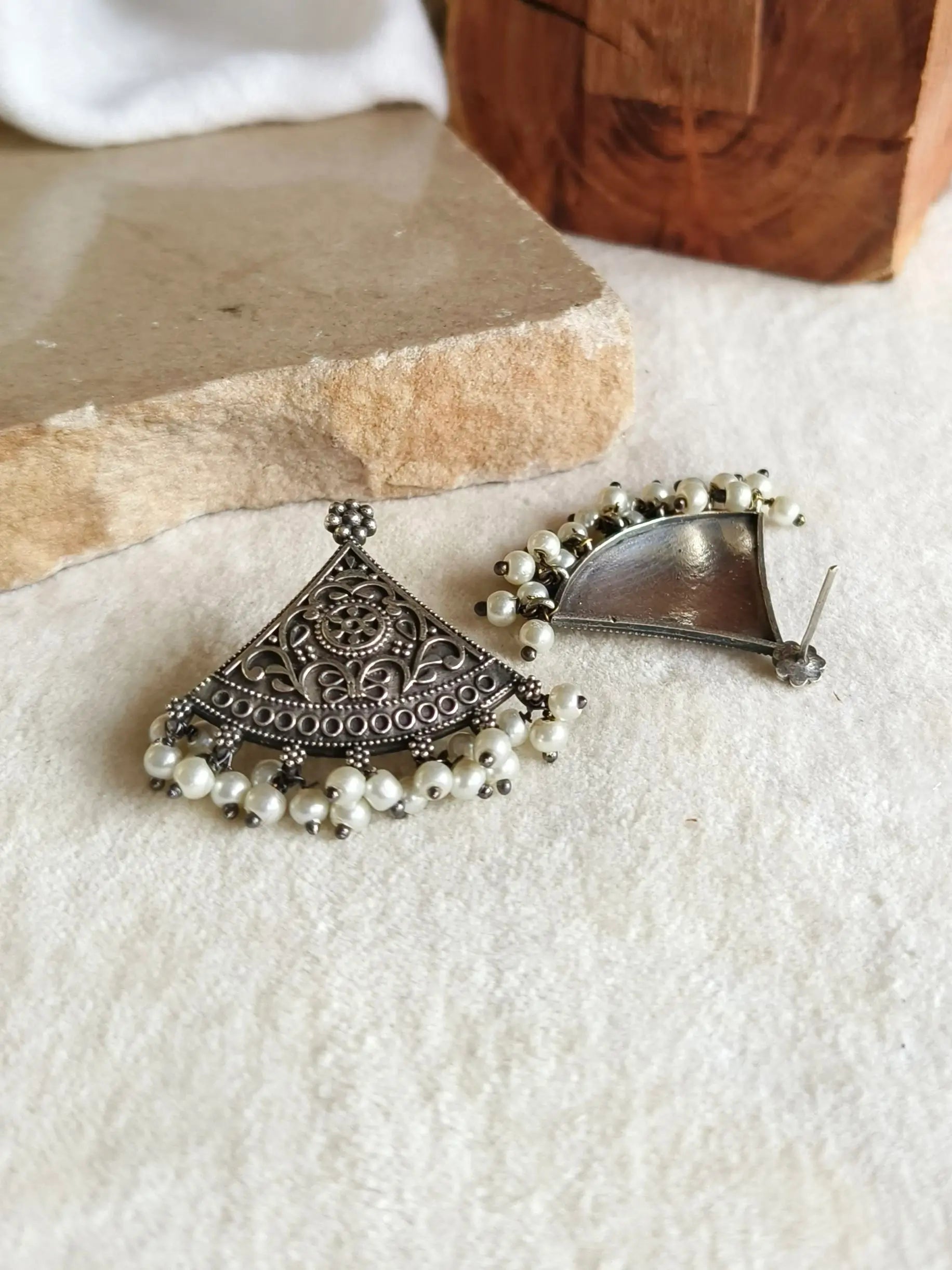 Silver Replica Oxidised Triangle Stud Earrings | Sarichka