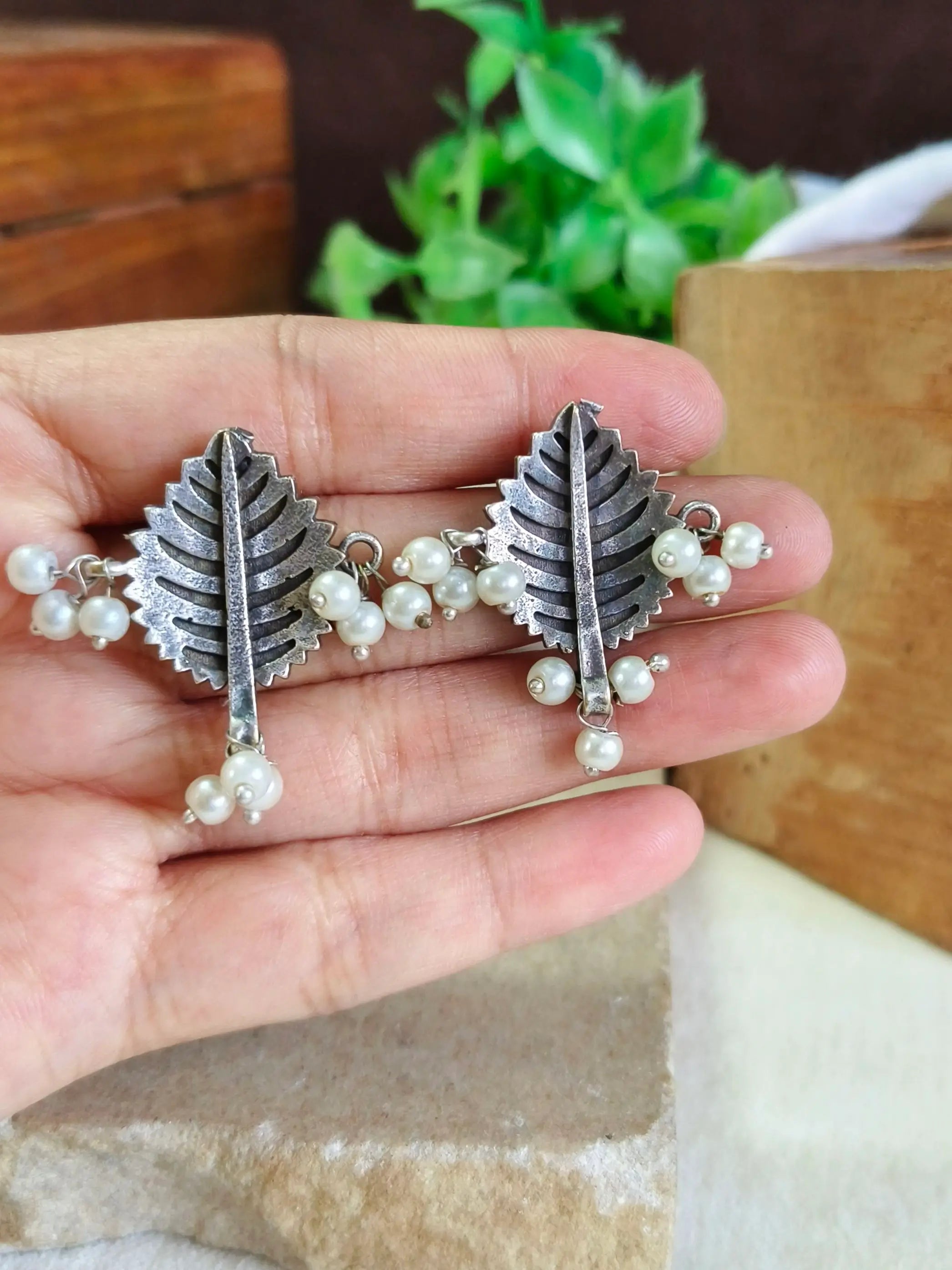 Oxidised Silver Plated Leaf Studs with Pearls | Sarichka
