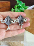 Oxidised Silver Plated Leaf Studs with Pearls | Sarichka