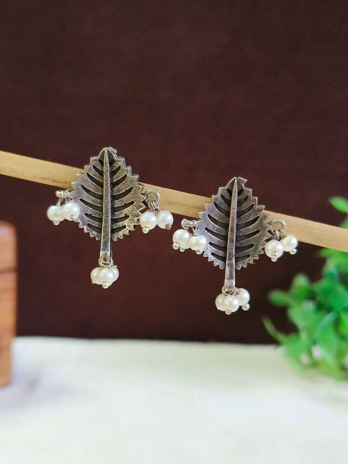Oxidised Silver Plated Leaf Studs with Pearls | Sarichka