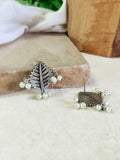 Oxidised Silver Plated Leaf Studs with Pearls | Sarichka
