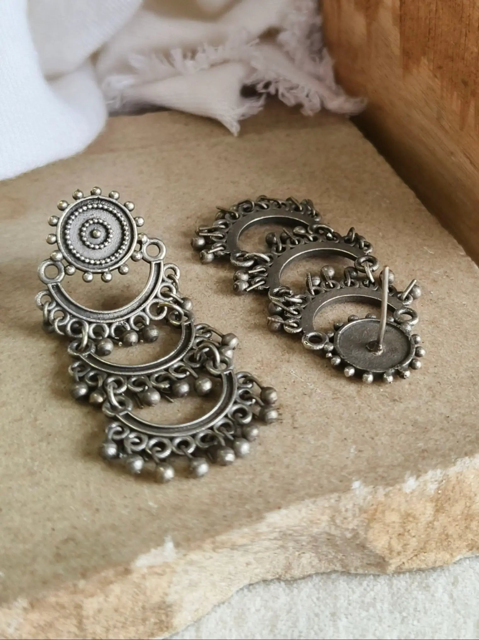 Multilayered Afghani Tribal Silver Plated Oxidised Earrings | Sarichka