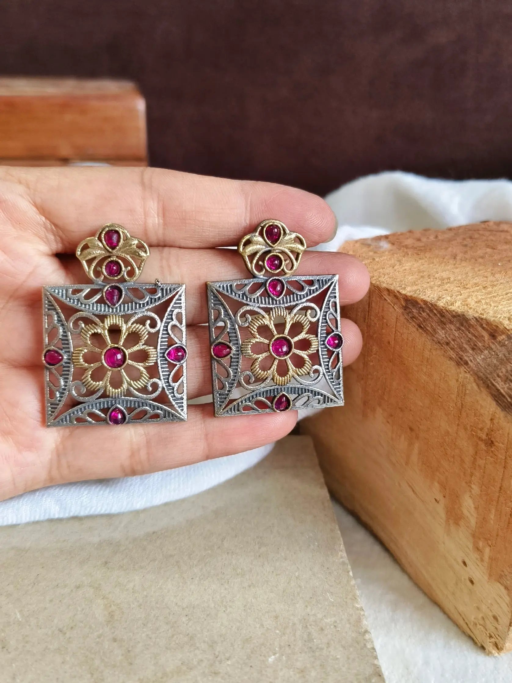 Dual Tone Oxidised Statement Stud Earrings | Sarichka
