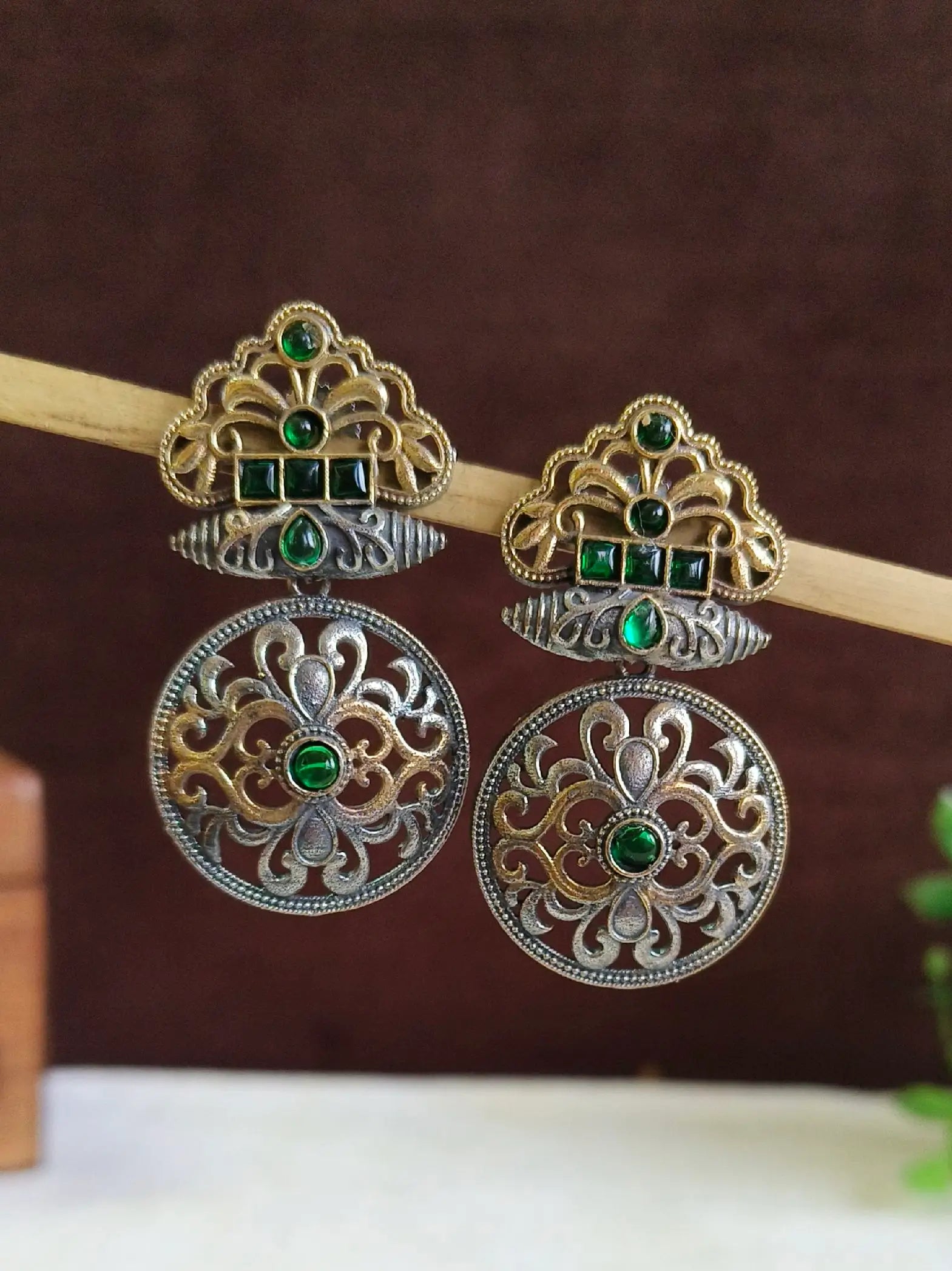 Dual Tone Silver Oxidised Gemstone Dangler Earrings | Sarichka