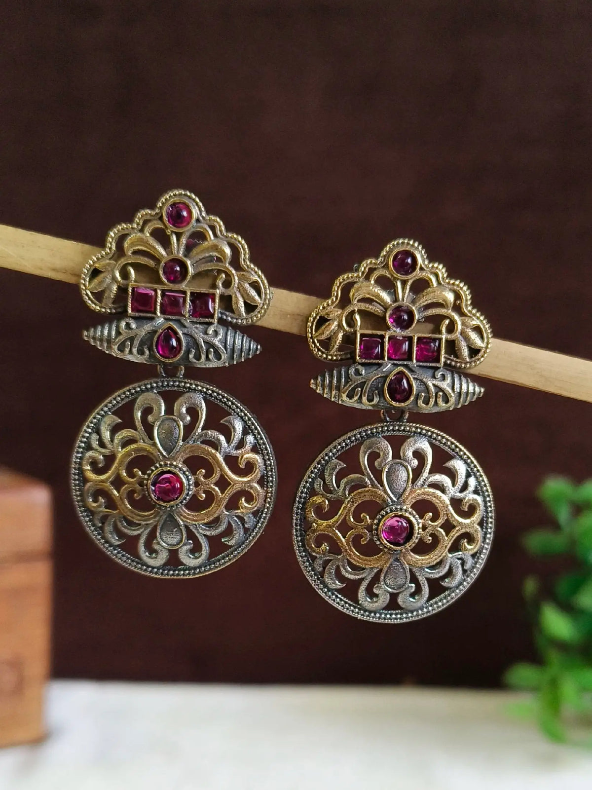Dual Tone Silver Oxidised Gemstone Dangler Earrings | Sarichka