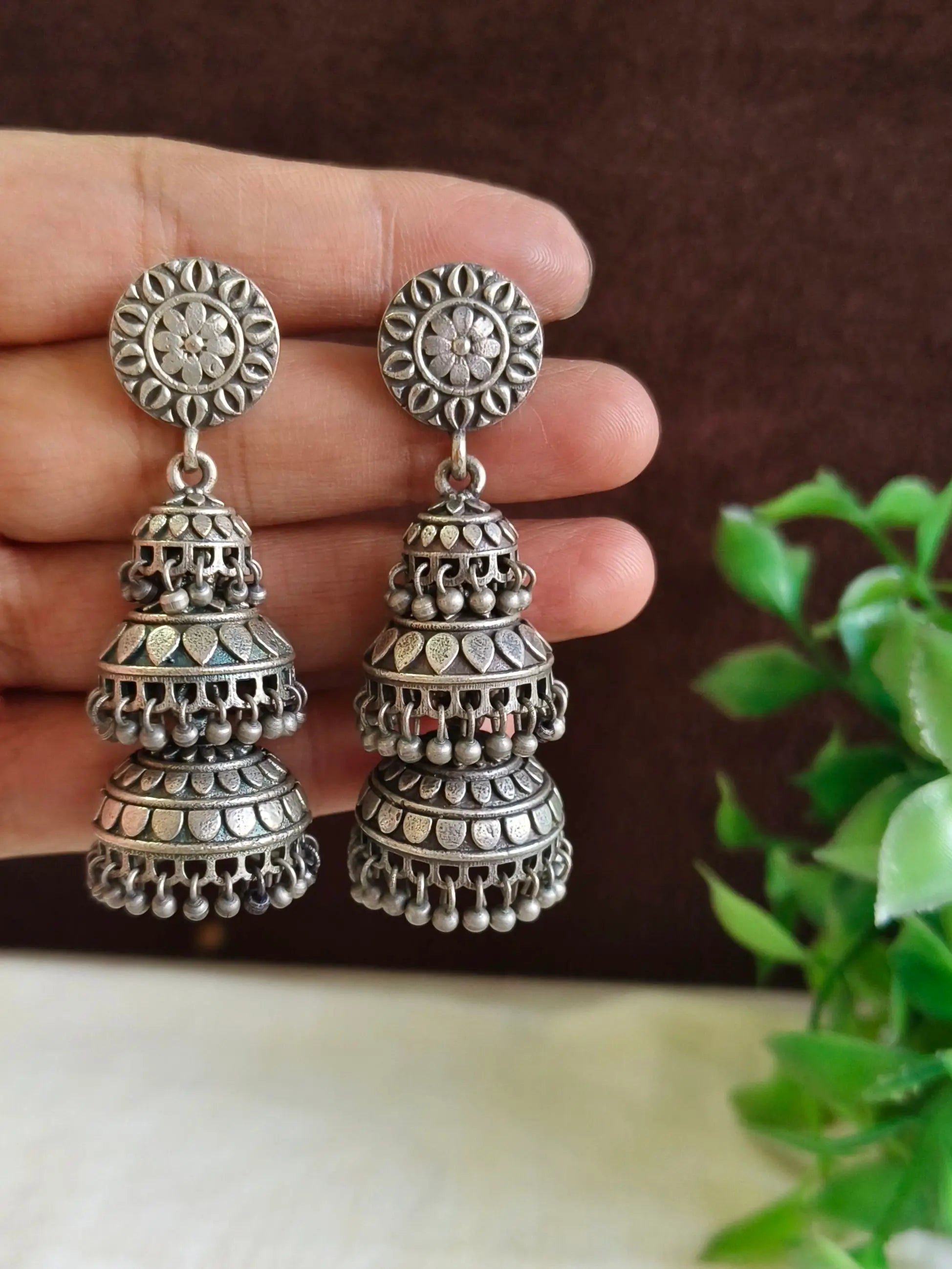 Silver Oxidised Triple Layered Ethnic Jhumki | Sarichka