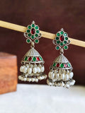 German Silver Green Stone Oxidized Jhumkas | Sarichka