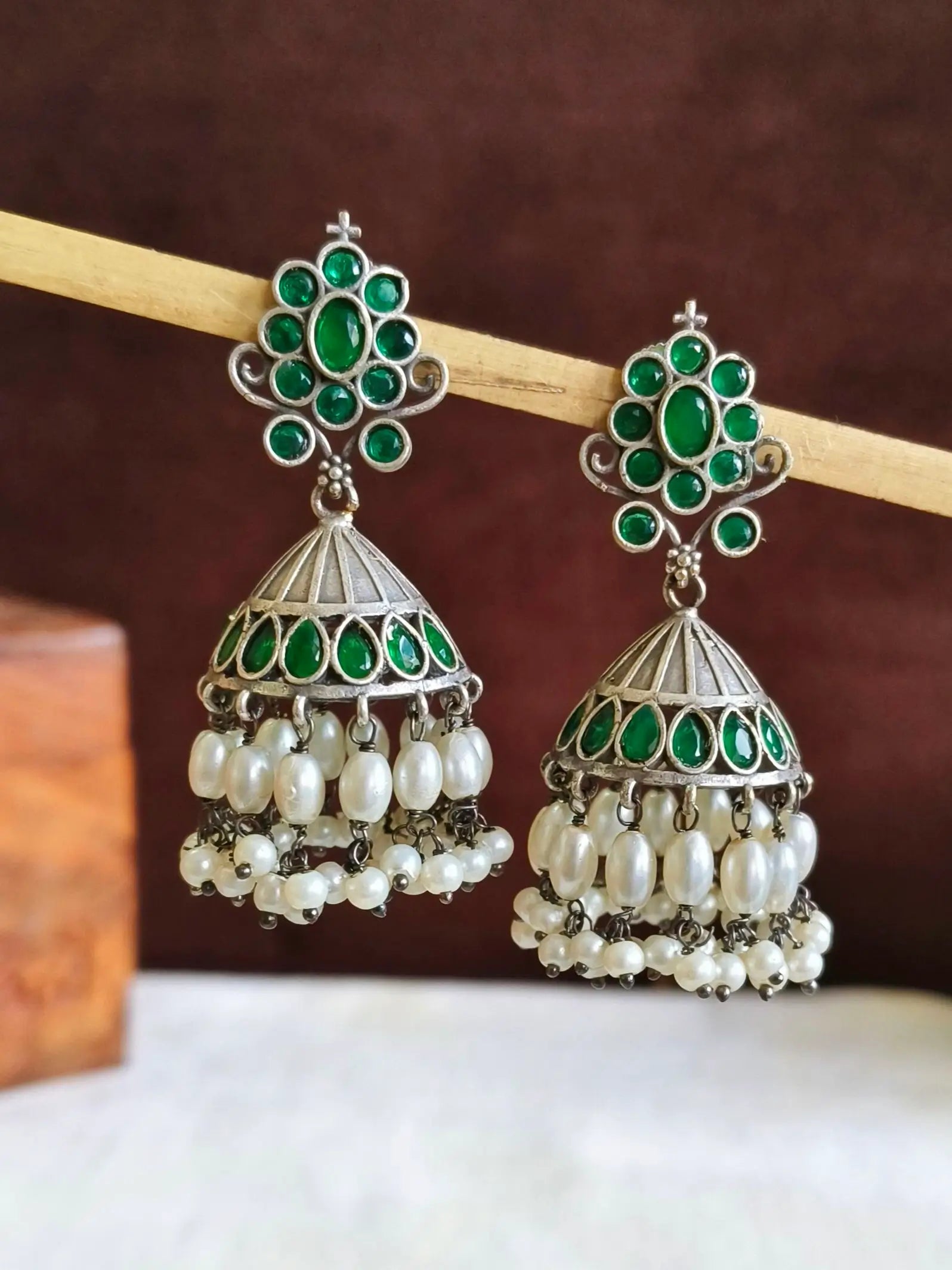 Oxidised Silver Pink Stone Pearl Jhumkas | Sarichka