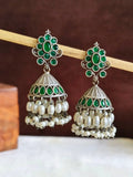 Oxidised Silver Pink Stone Pearl Jhumkas | Sarichka