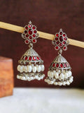 Oxidised Silver Pink Stone Pearl Jhumkas | Sarichka