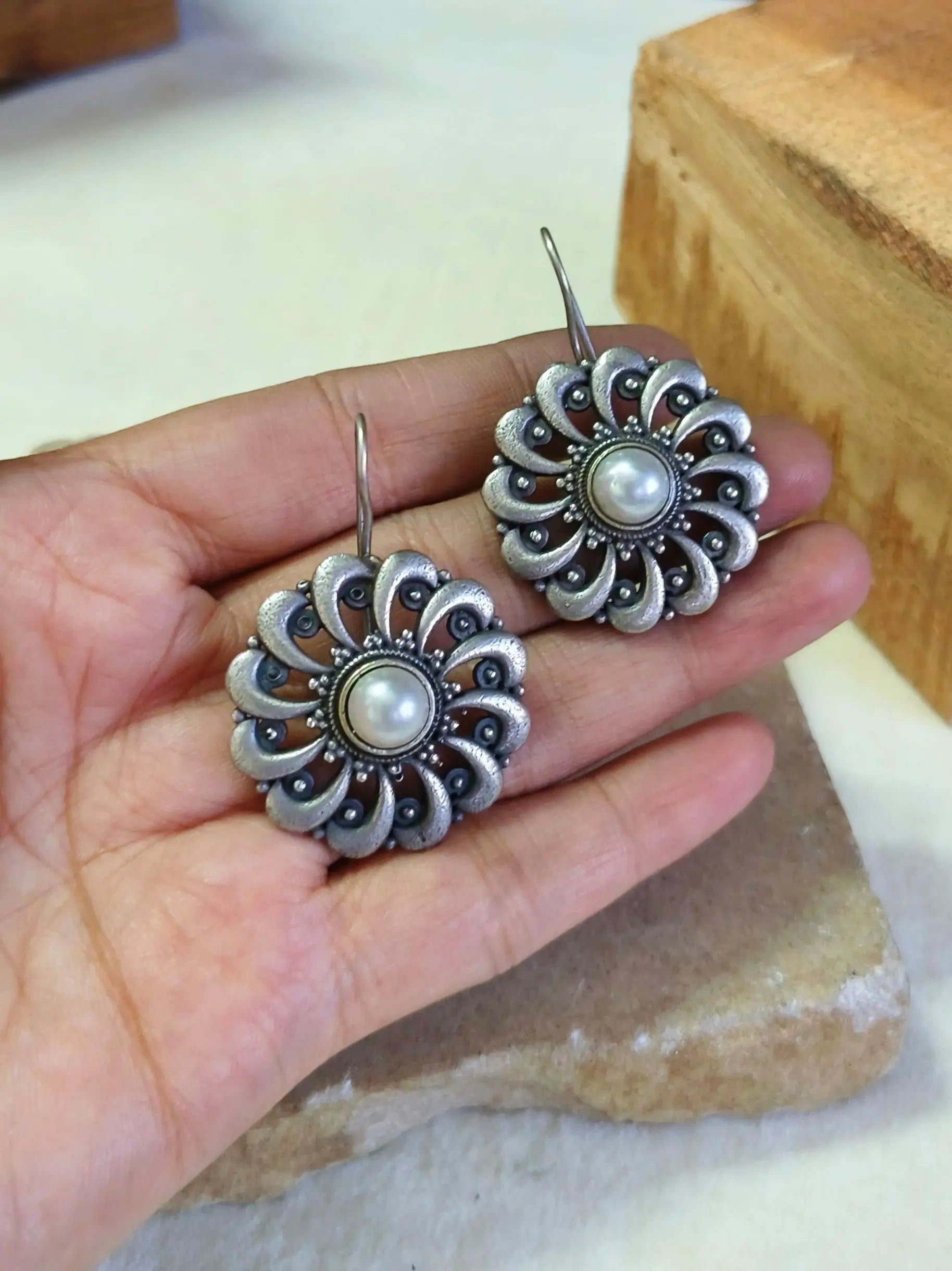 Oxidised Pear Floral Drop Earrings for Women | Sarichka