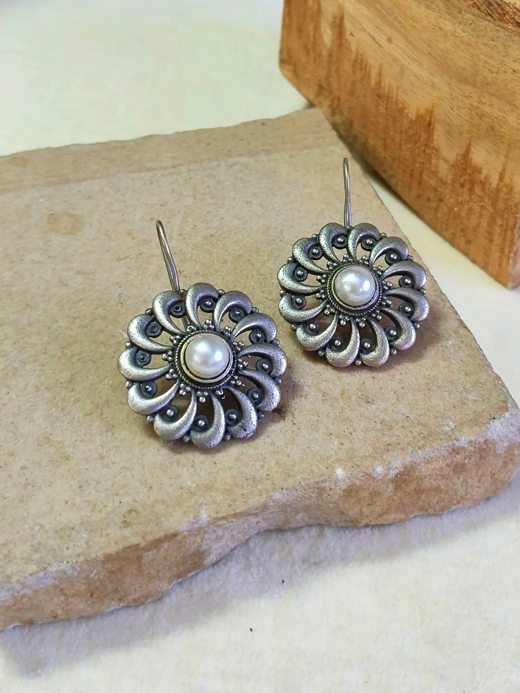 Oxidised Pear Floral Drop Earrings for Women | Sarichka