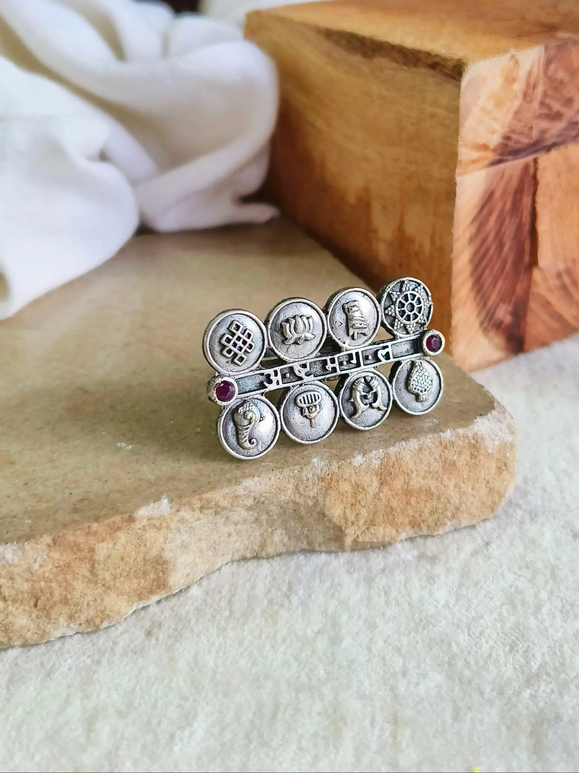Antique Oxidised Asht Mangal Adjustable Ring | Sarichka