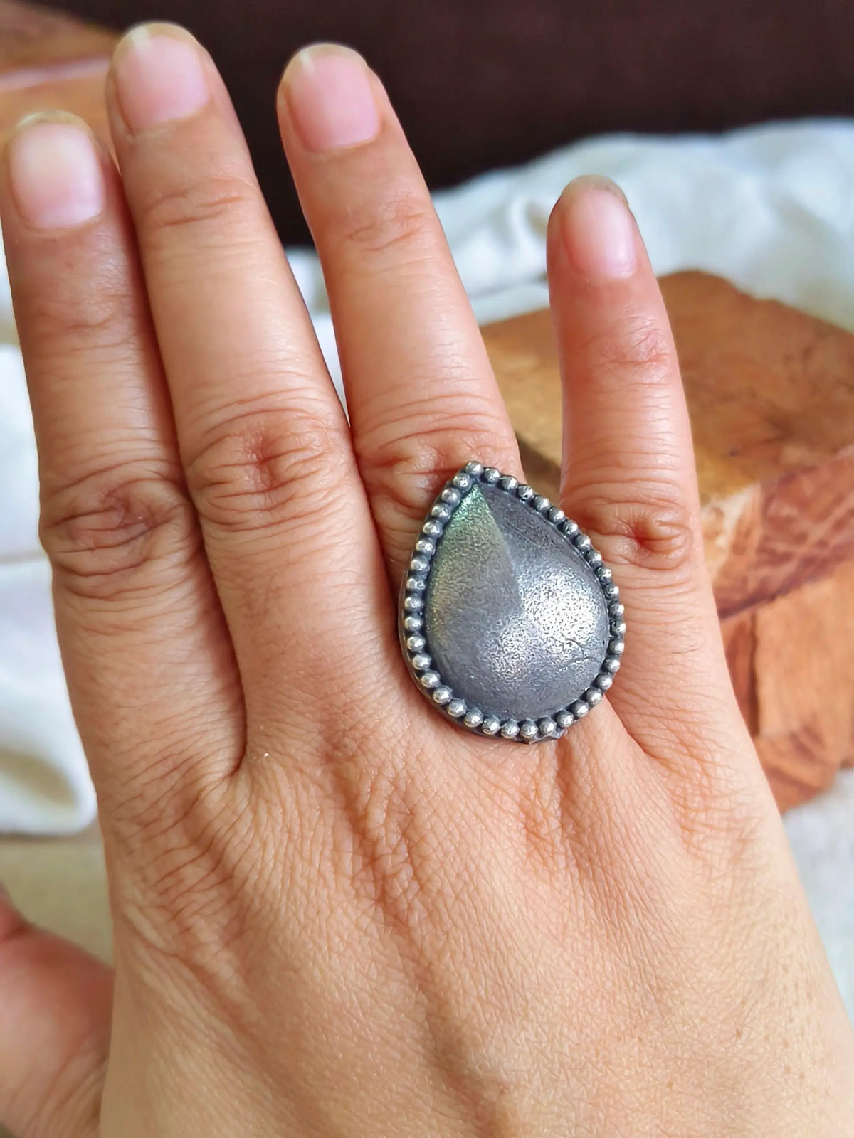 Silver Plated Oxidised Pear Adjustable Ring | Sarichka