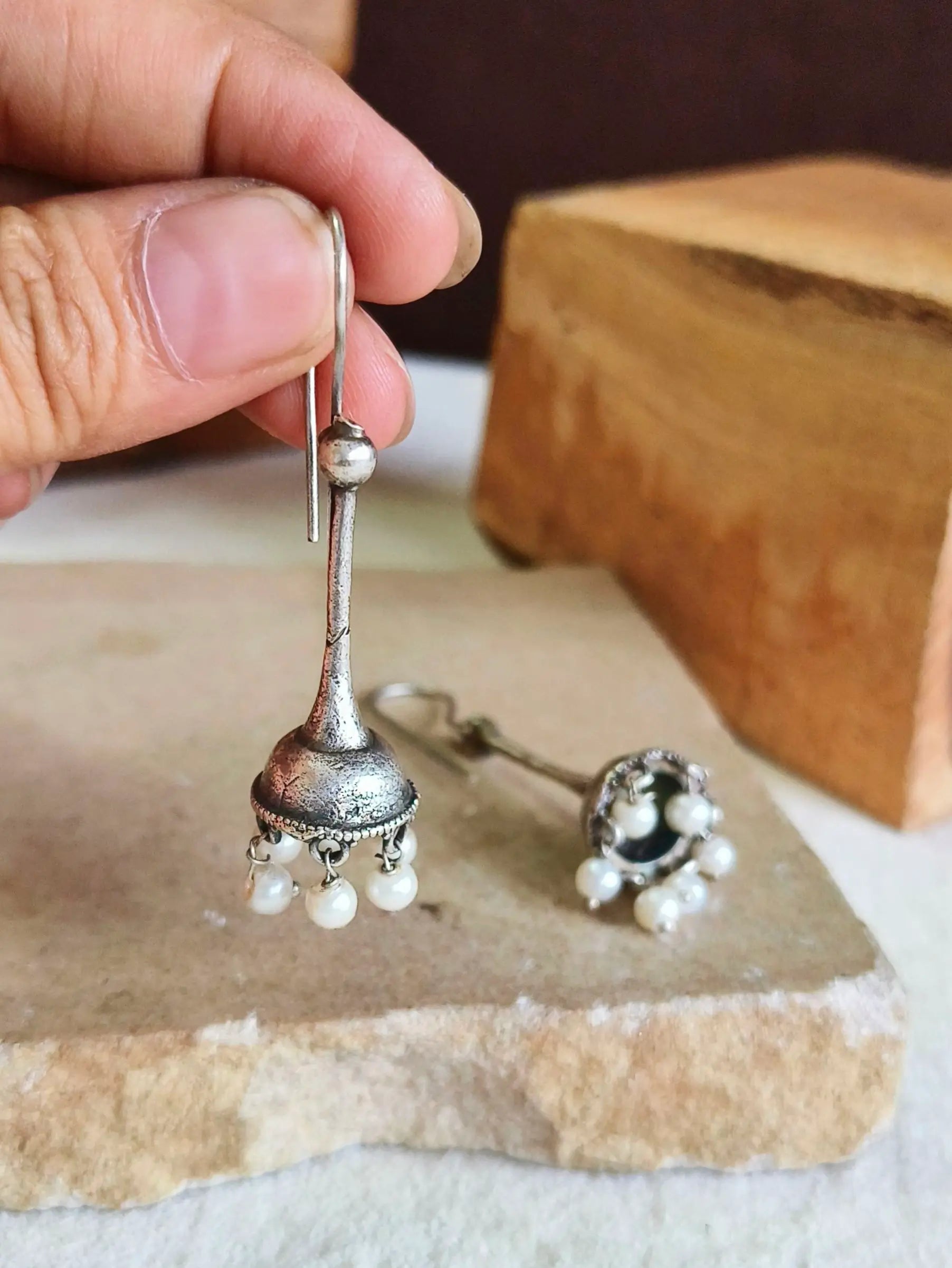 Pearl Drop Oxidized Silver Plated Hook Earrings | Sarichka