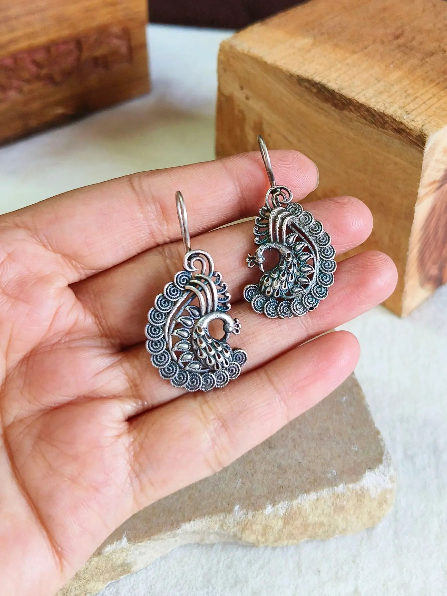 Oxidised Peacock Brass Hook Earrings with Intricate Design | Sarichka