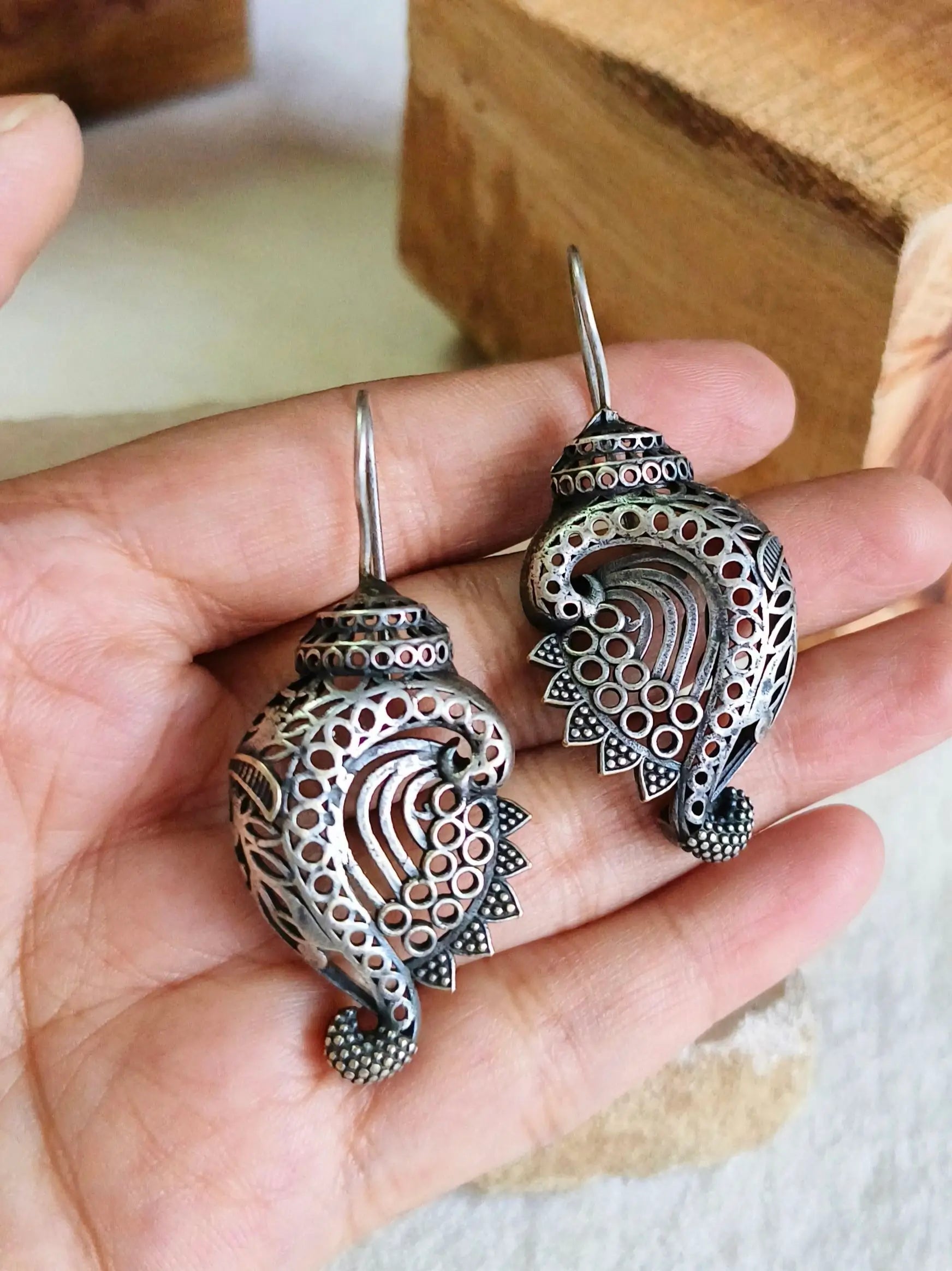 Silver Look-Alike Shankh Oxidised Hook Earrings | Sarichka