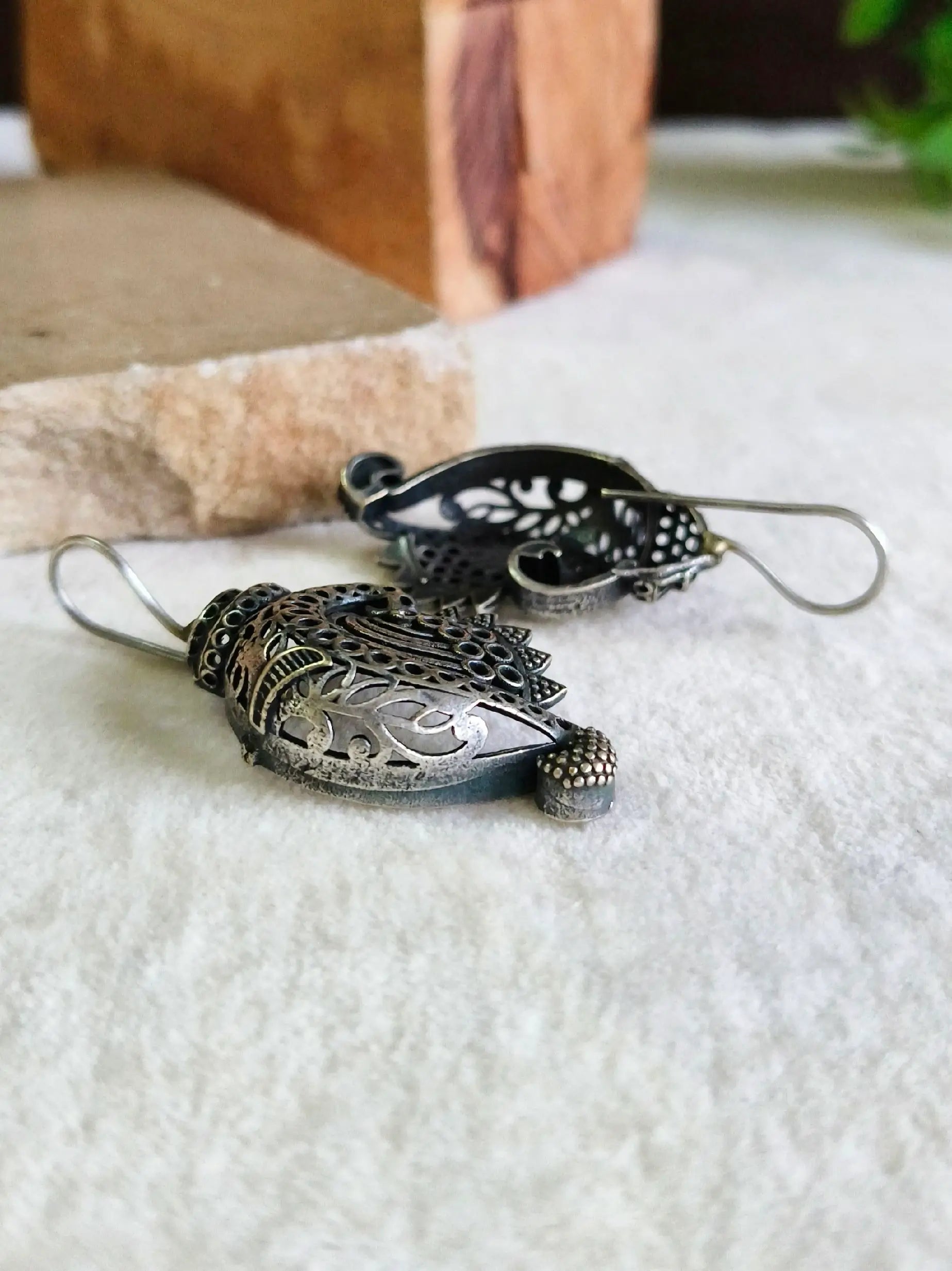 Silver Look-Alike Shankh Oxidised Hook Earrings | Sarichka