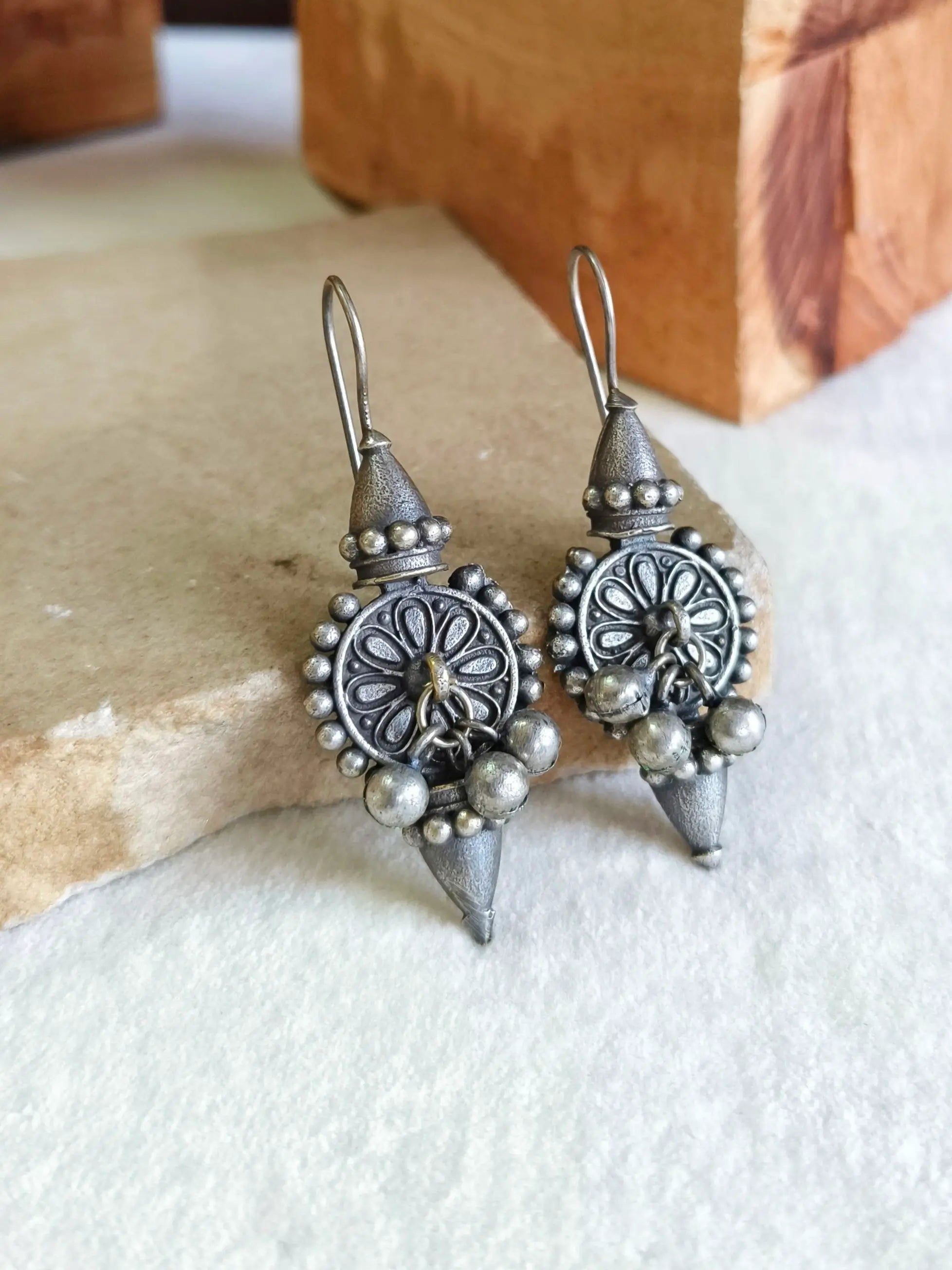 Navratri Oxidised Silver Hook Earrings | Sarichka