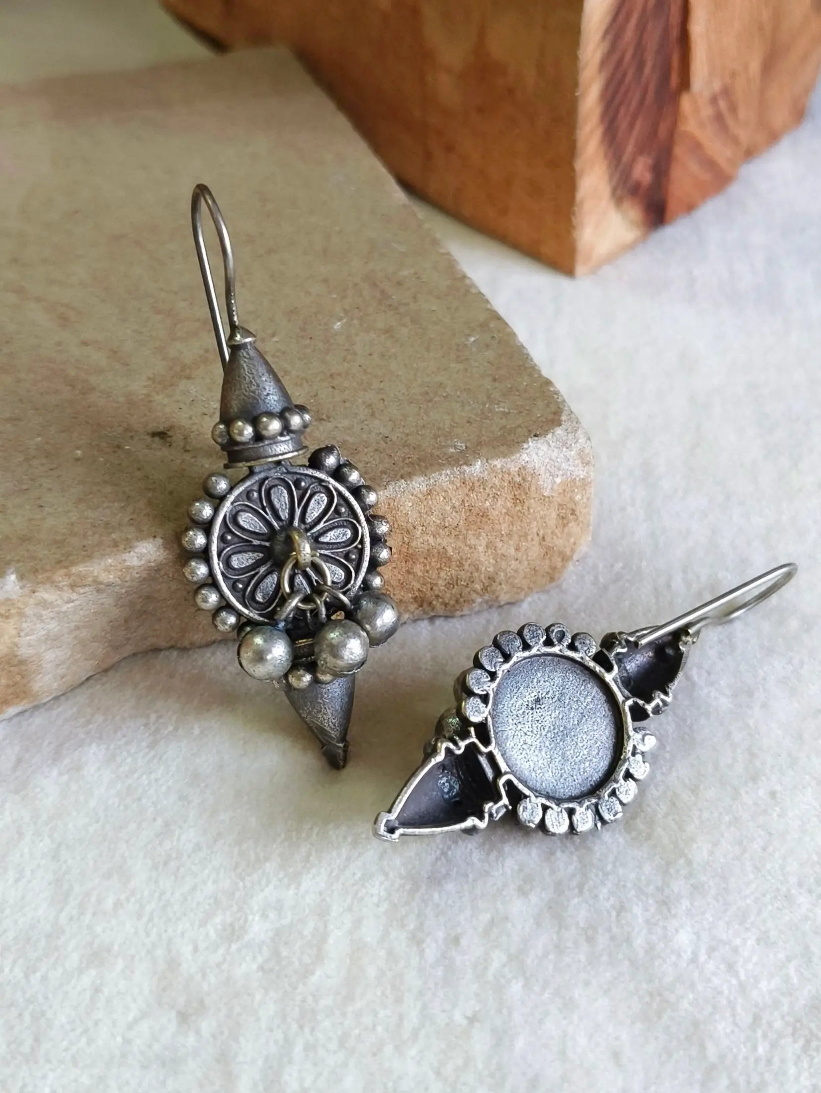 Navratri Oxidised Silver Hook Earrings | Sarichka
