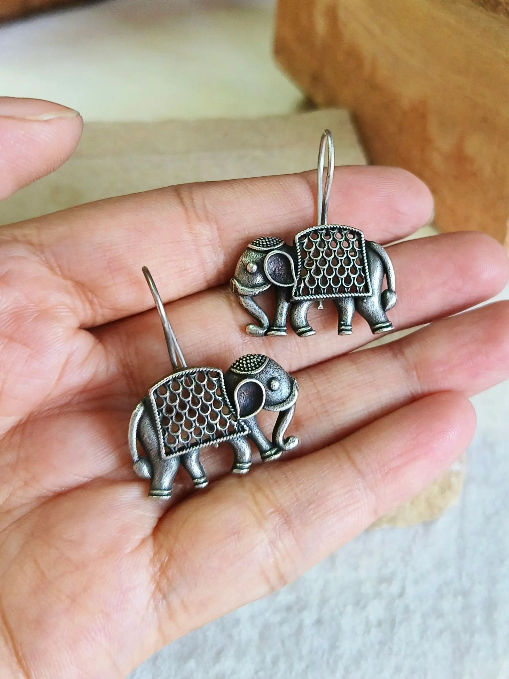 Silver Elephant Motif Hook Earrings | Sarichka