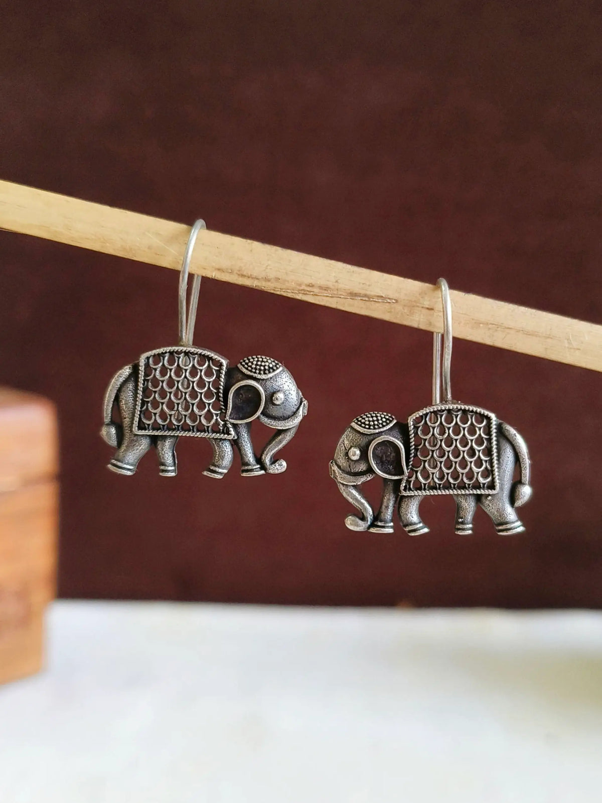 Silver Elephant Motif Hook Earrings | Sarichka