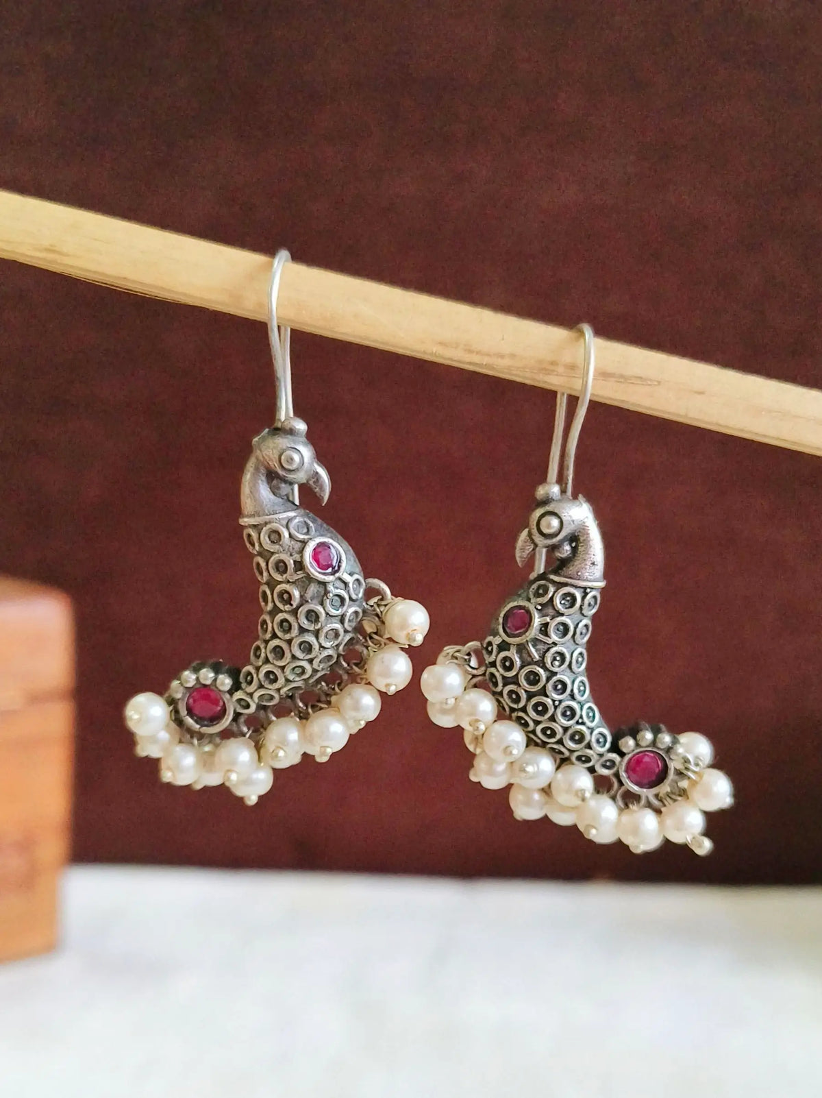 Silver Peacock Pearl Hook Earrings | Sarichka