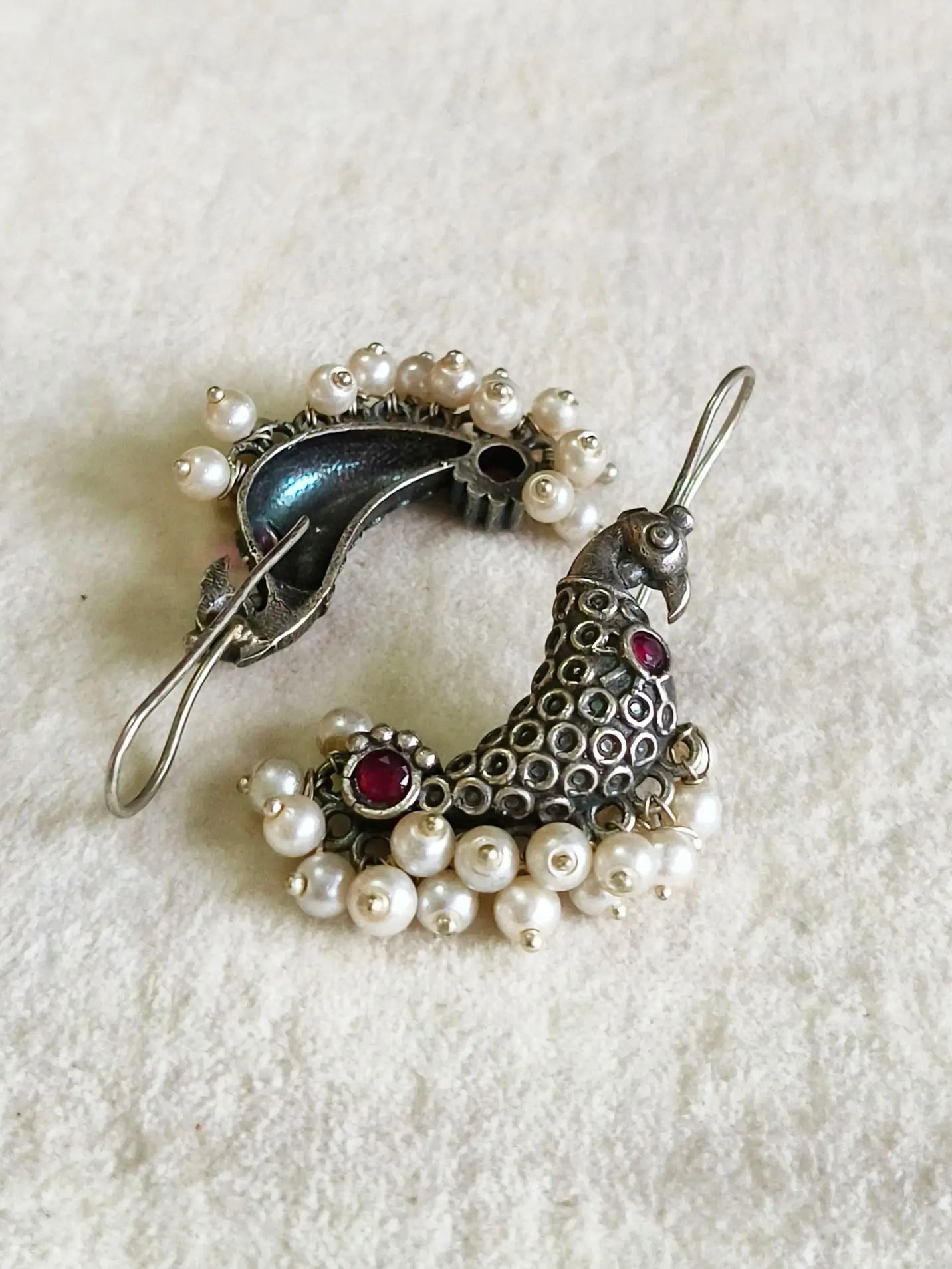 Silver Peacock Pearl Hook Earrings | Sarichka