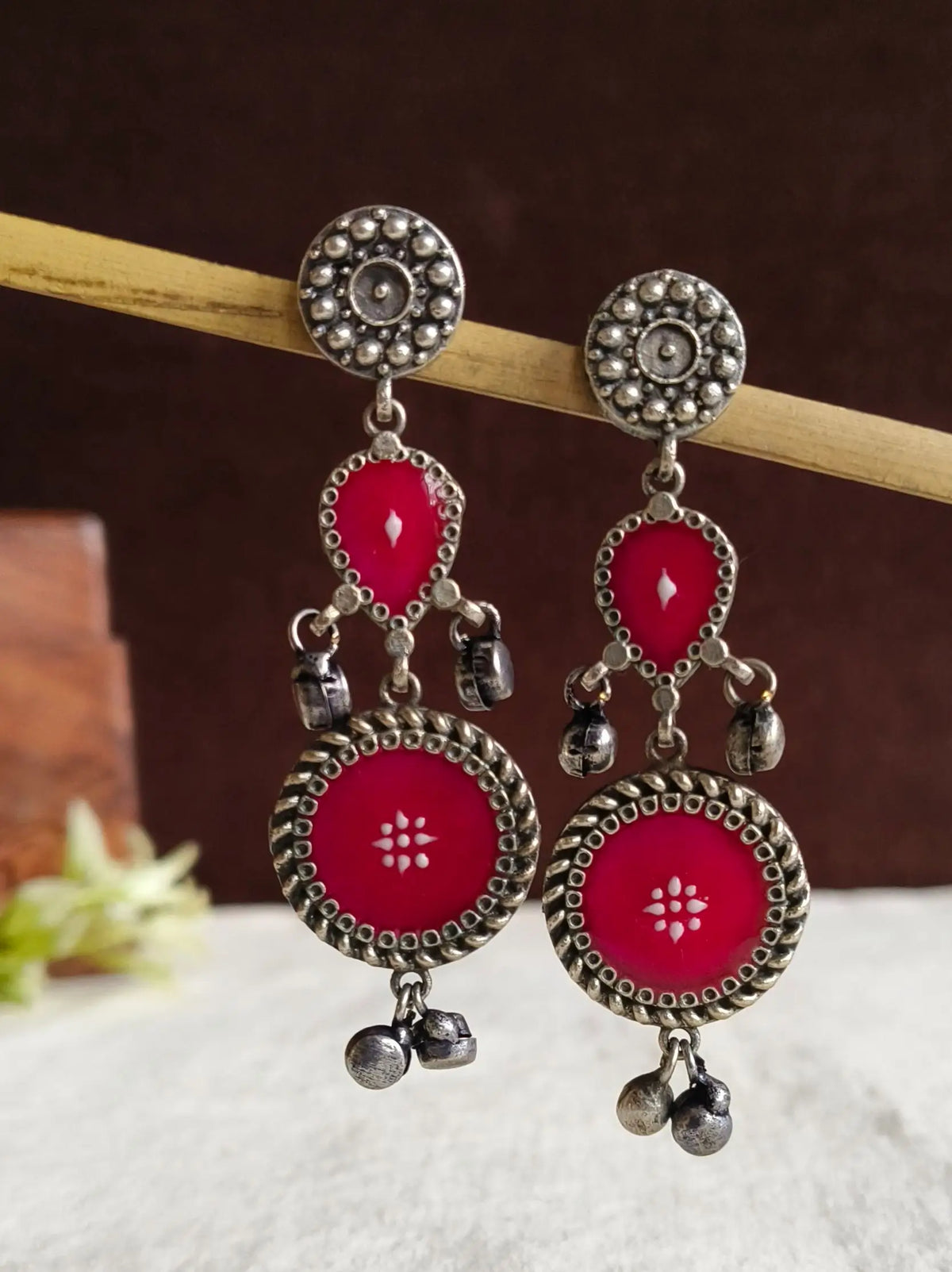 Silver Polish Hand-Painted Meenakari Dangler Earrings | Sarichka
