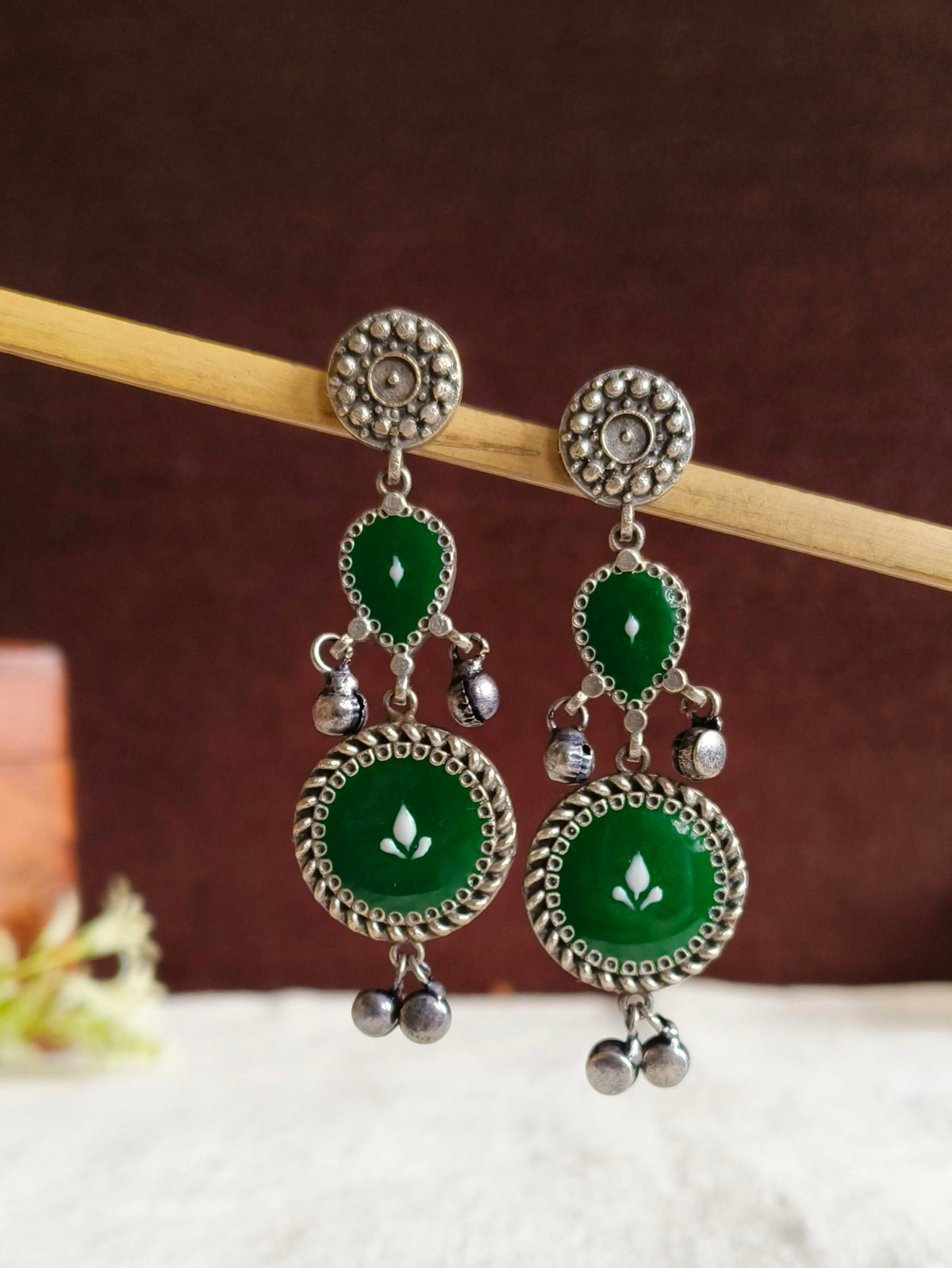 Silver Polish Hand-Painted Meenakari Dangler Earrings | Sarichka