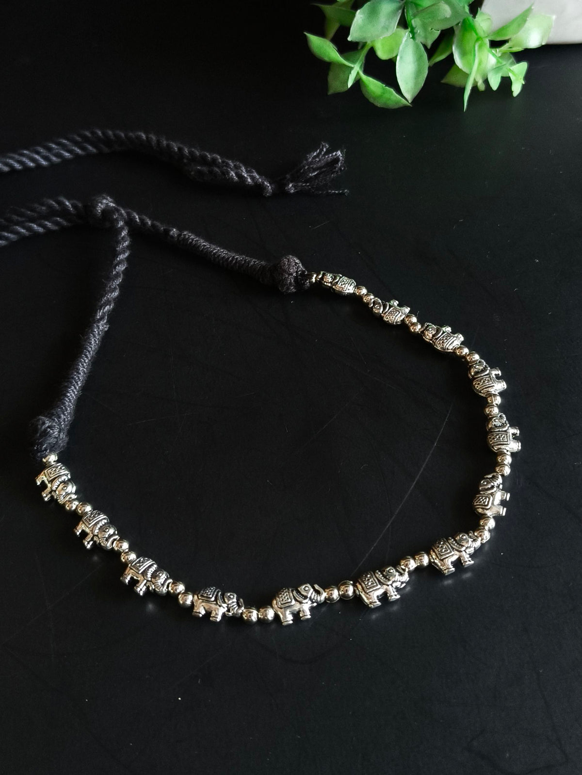 Oxidized Elephant Black Thread Necklace | Sarichka
