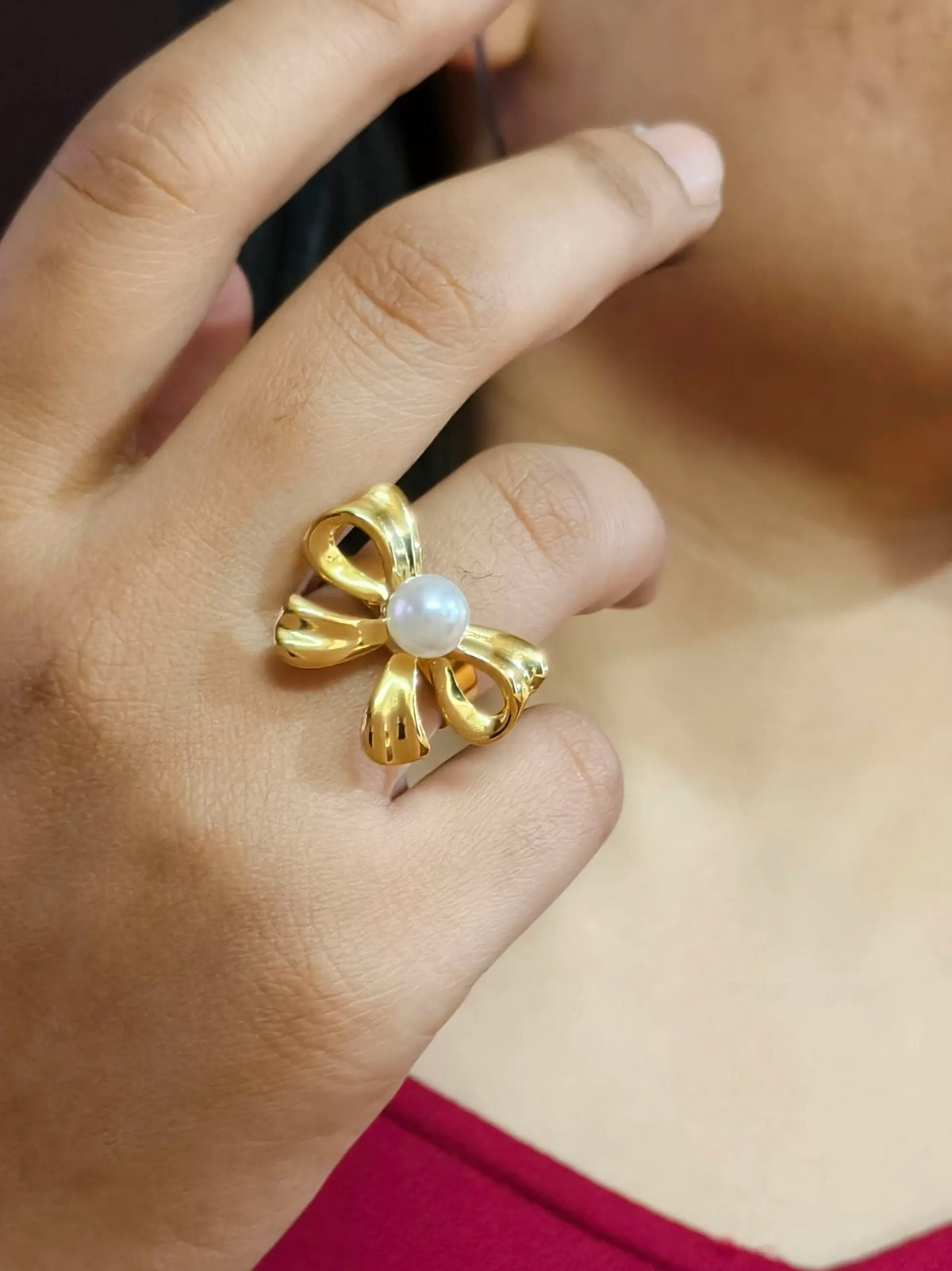 Gold Bow Pearl Stainless Steel Ring | Sarichka