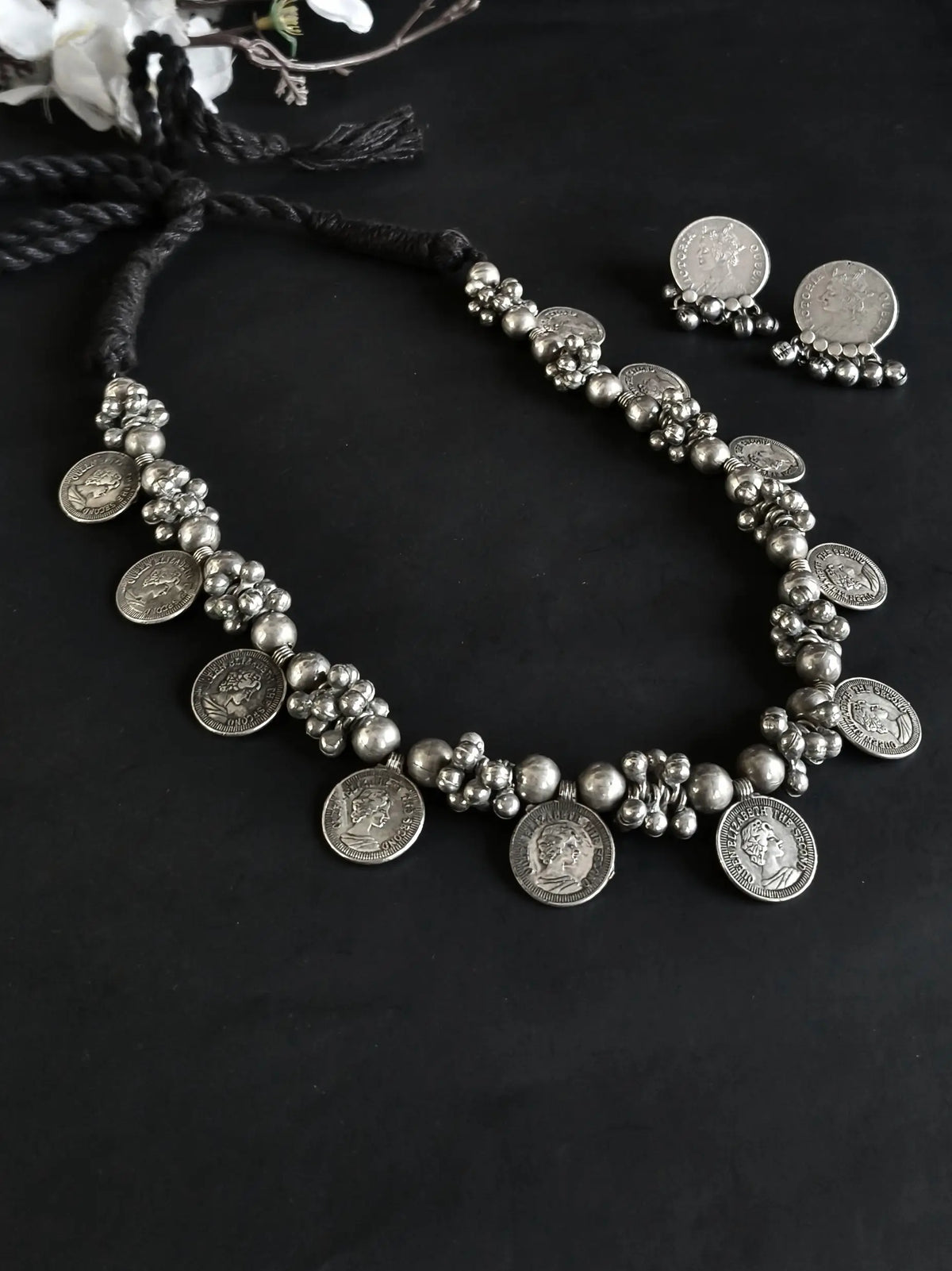 Oxidised Silver Coin Ghungroo Necklace Set | Sarichka